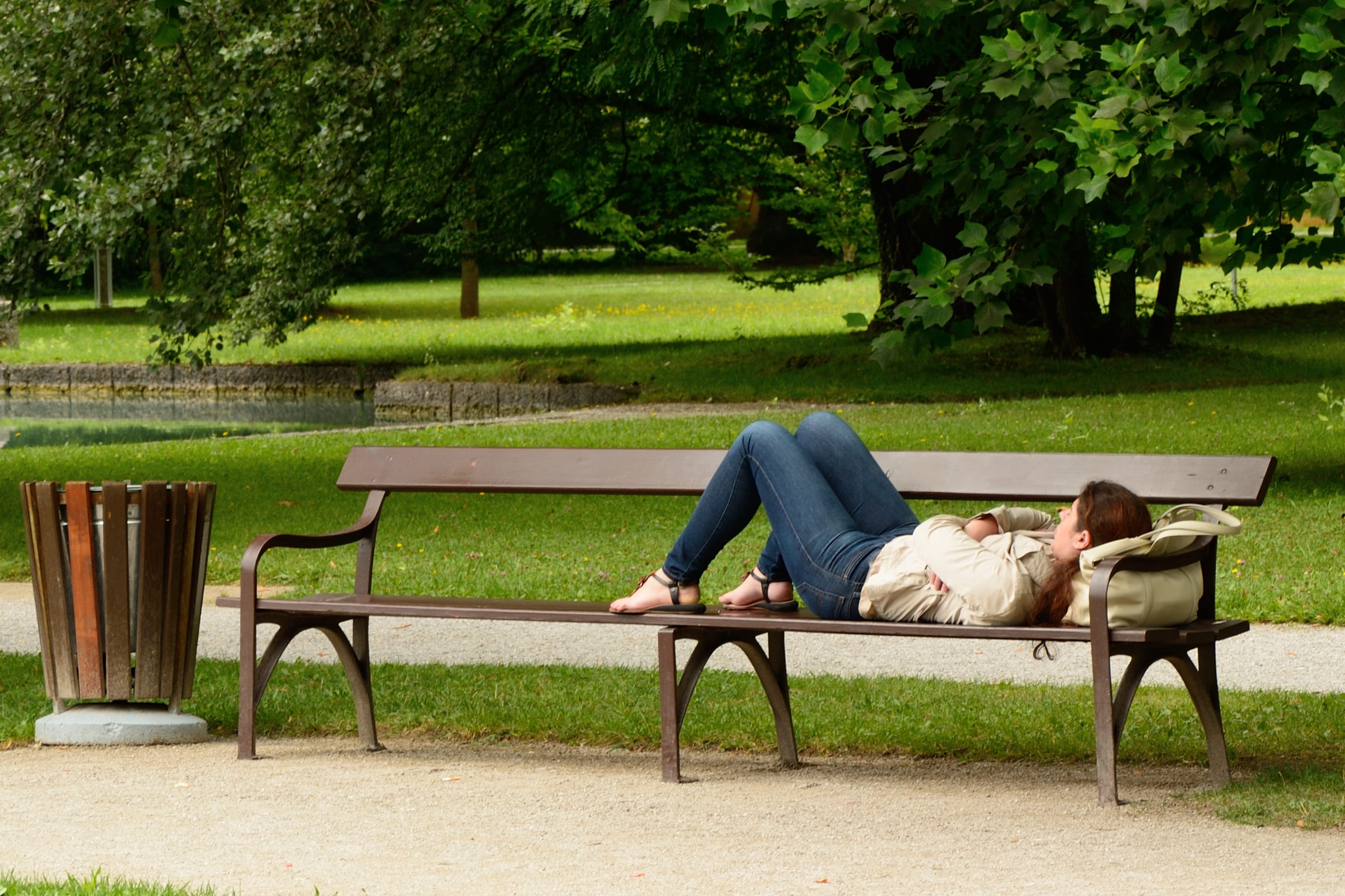 woman sleeping on bench, Bank, Person, Human, Nature, out, resting place