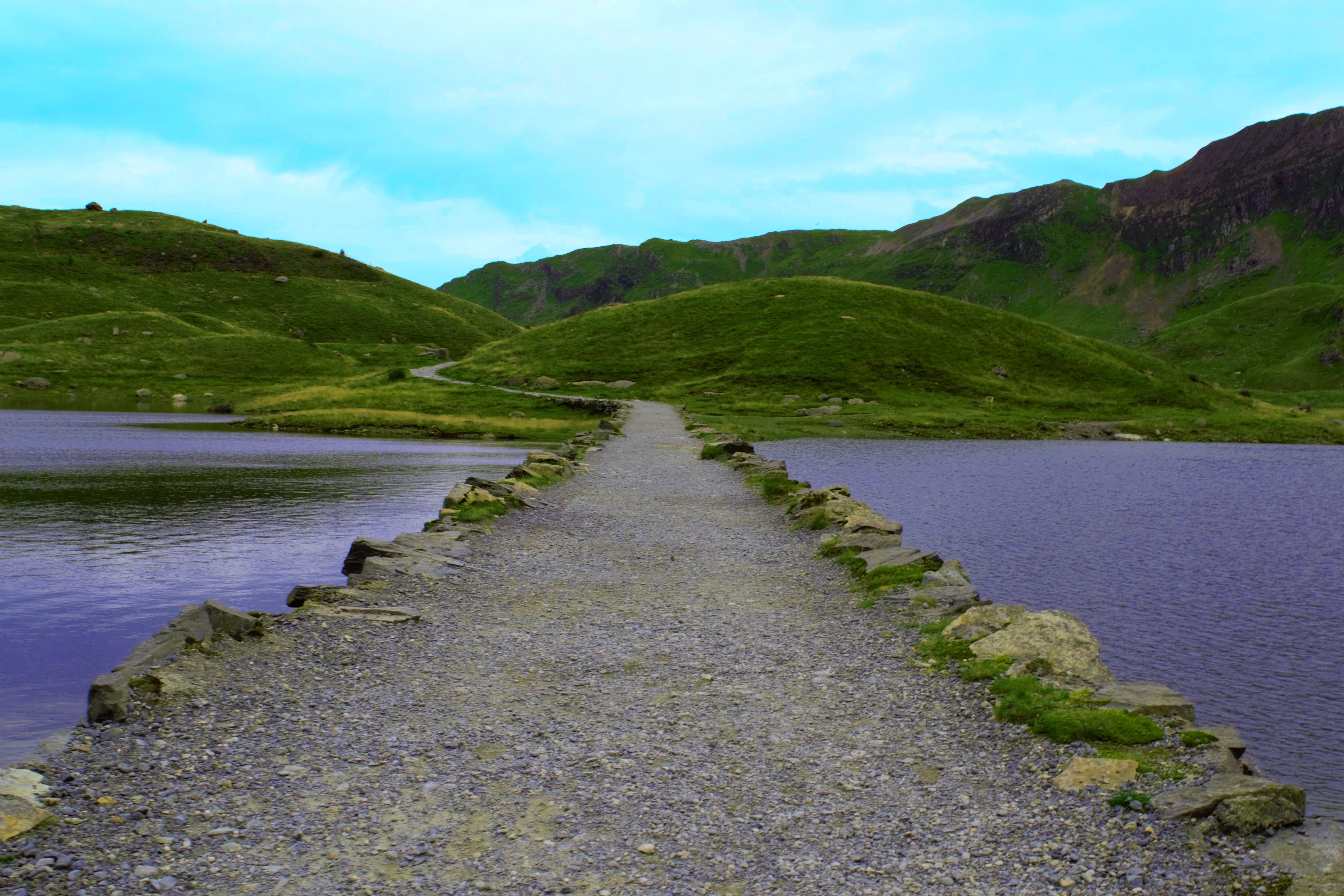 path through water, mountains, wales, tranquil scene, tranquility