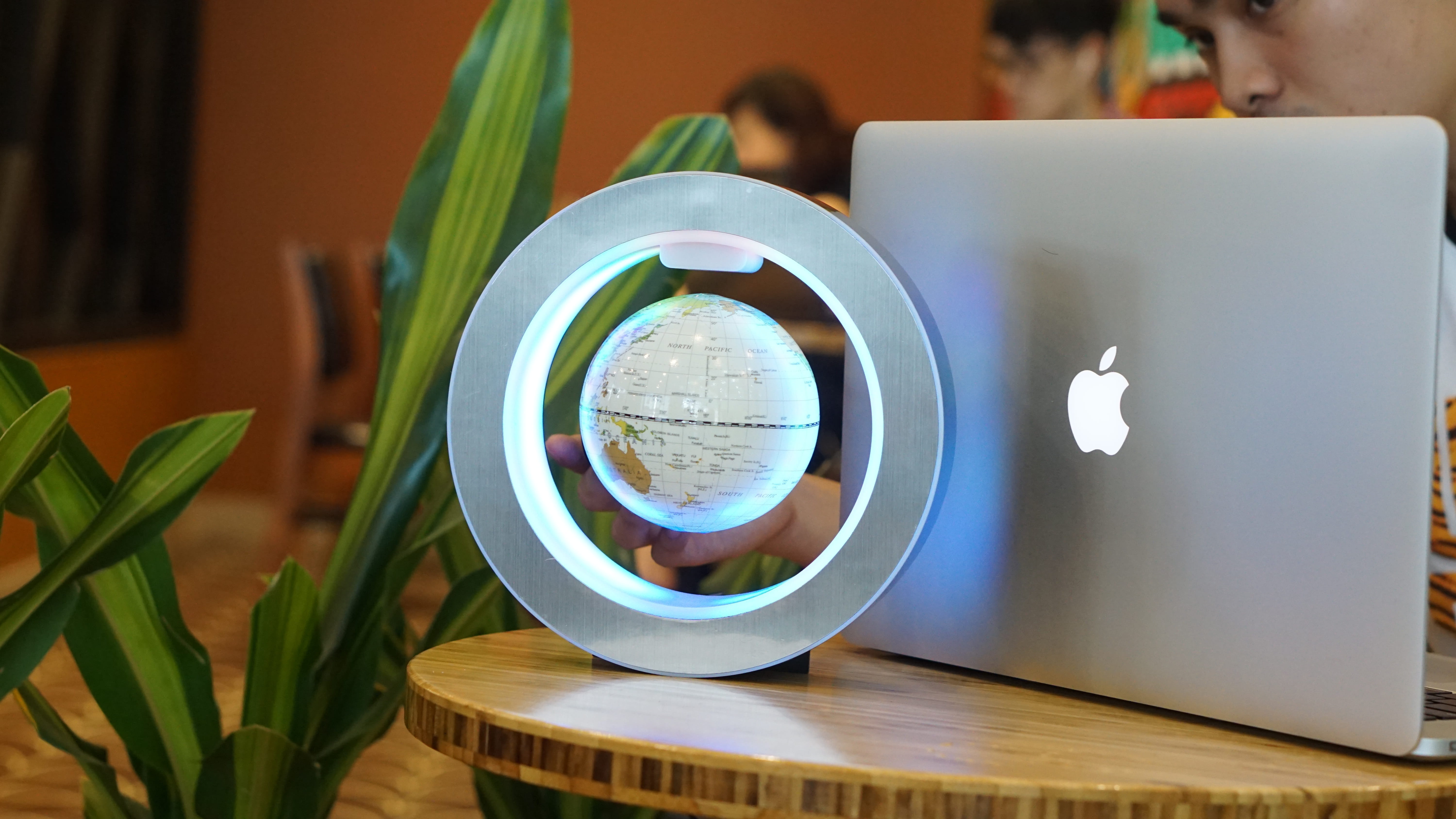 floating globe, mac, technology, table, indoors, no people