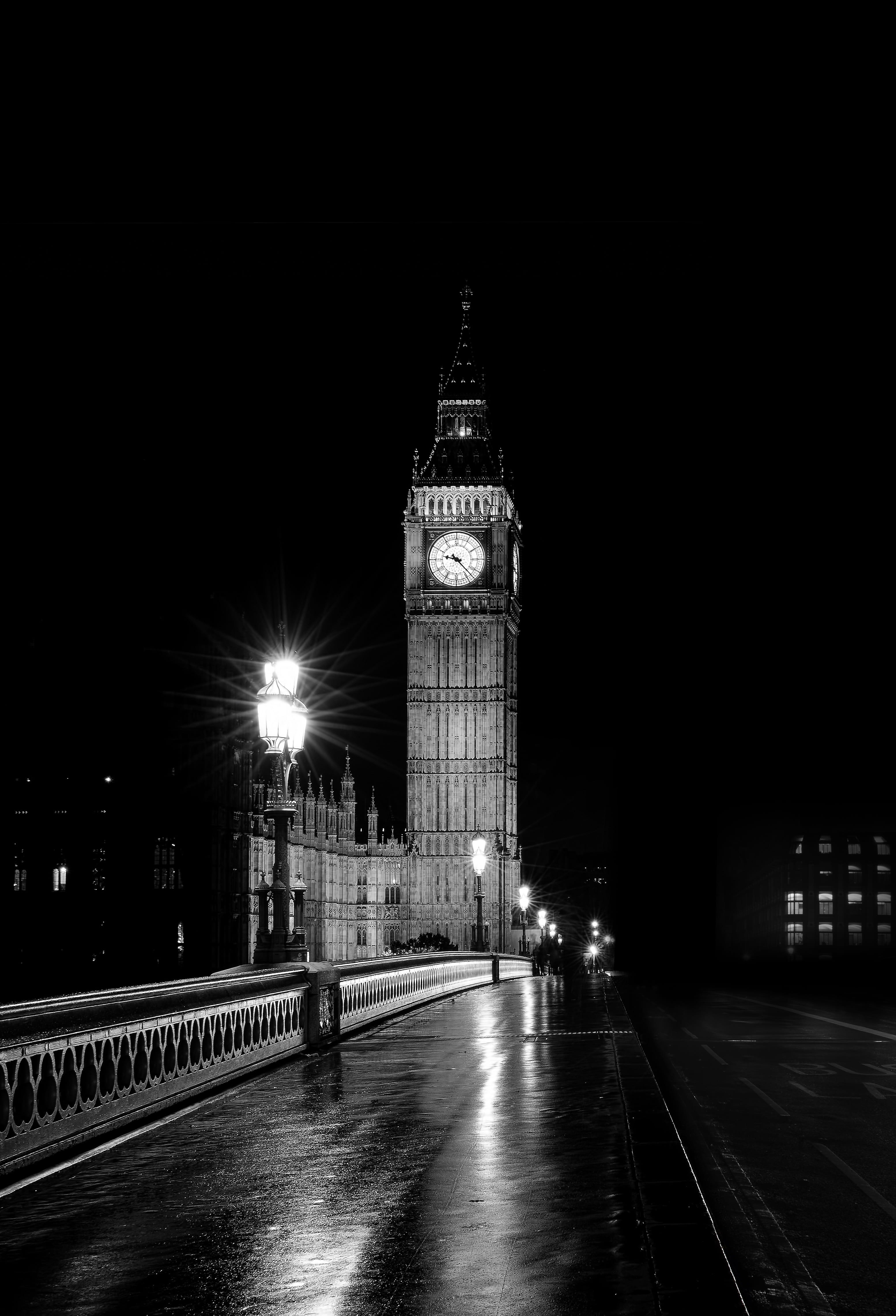 light, city, road, lights, architecture, big ben, black and-white