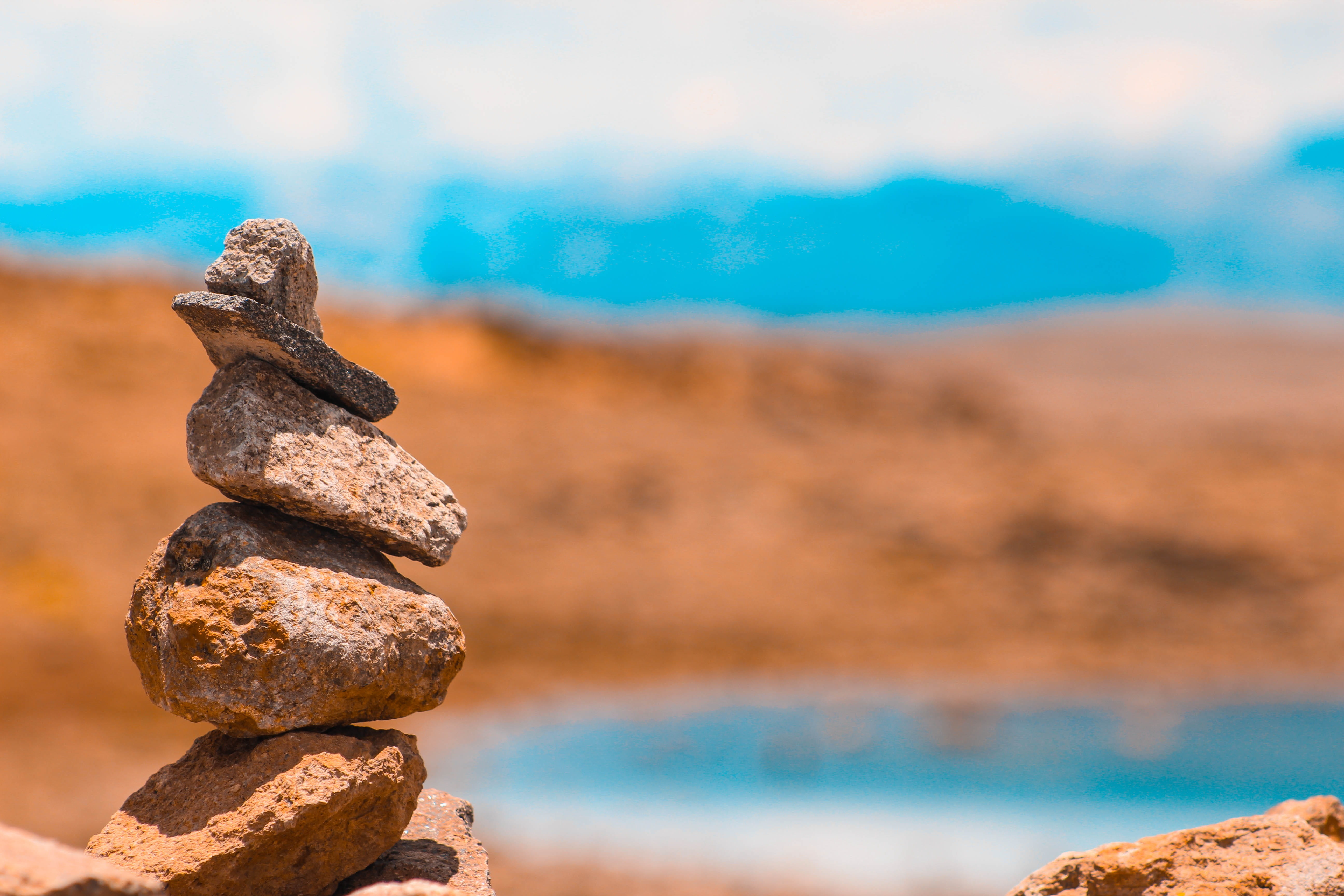 stone, orange, teal, water, solid, balance, stack, sea, rock