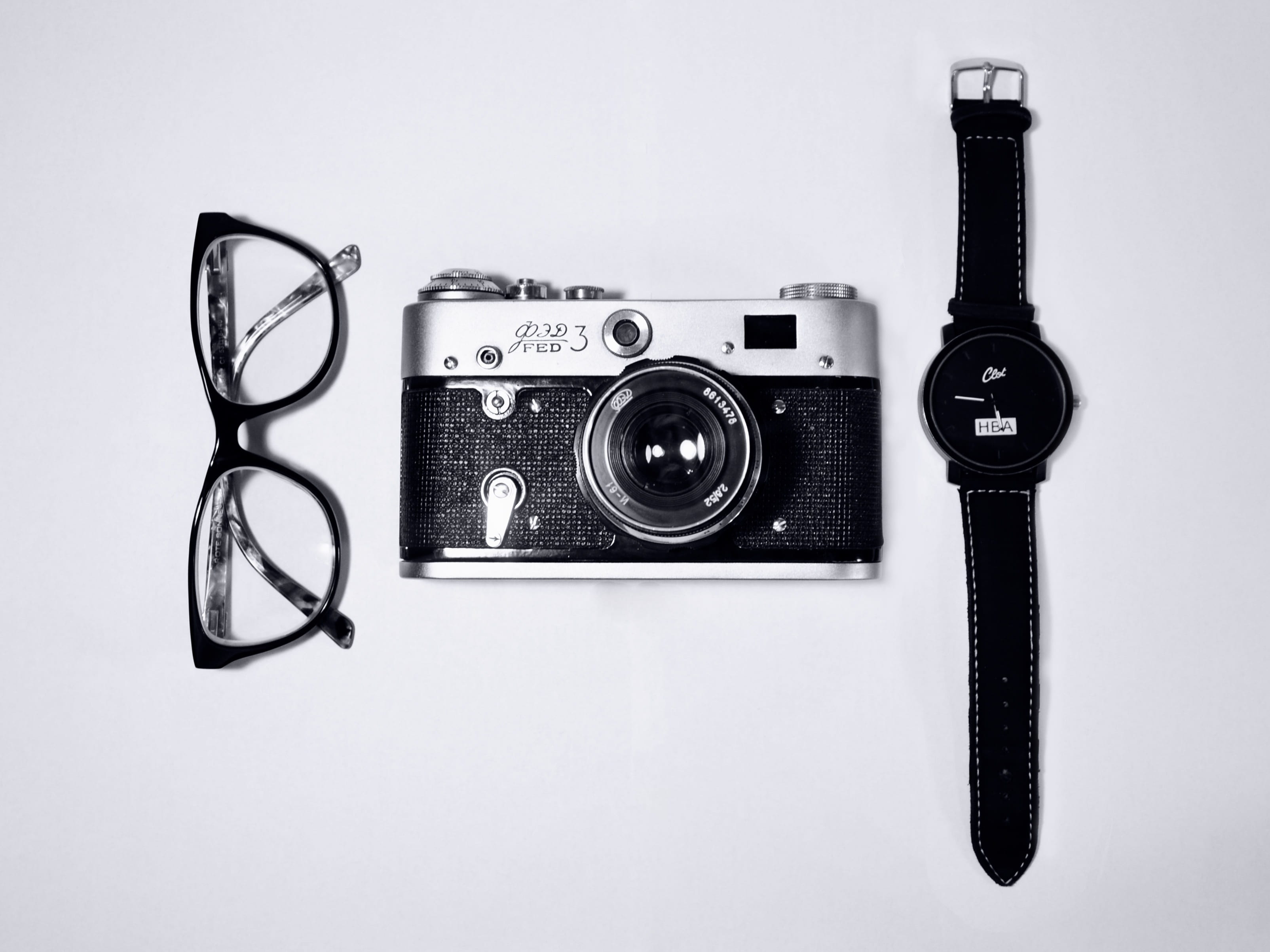 eyeglasses, camera, watch, objects, technology, studio shot