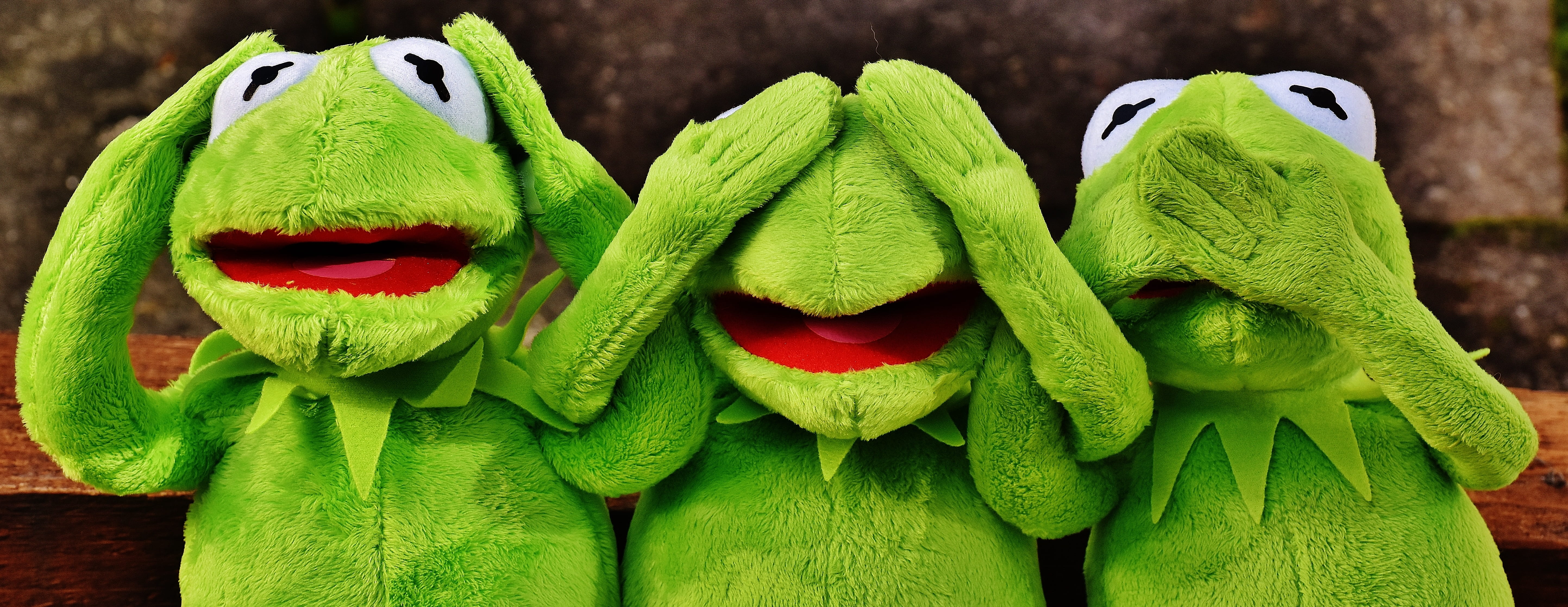 three Kermit the Frog plush toys, not hear, not see, do not speak