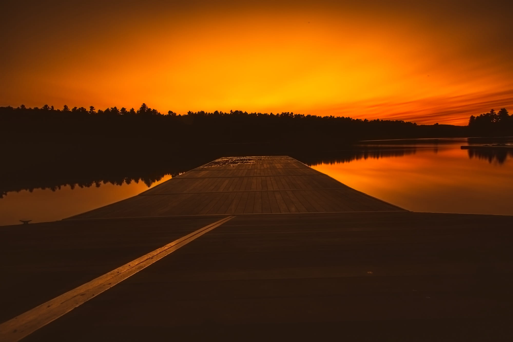 sunset, dusk, lake, sky, clouds, dock, pier, forest, trees