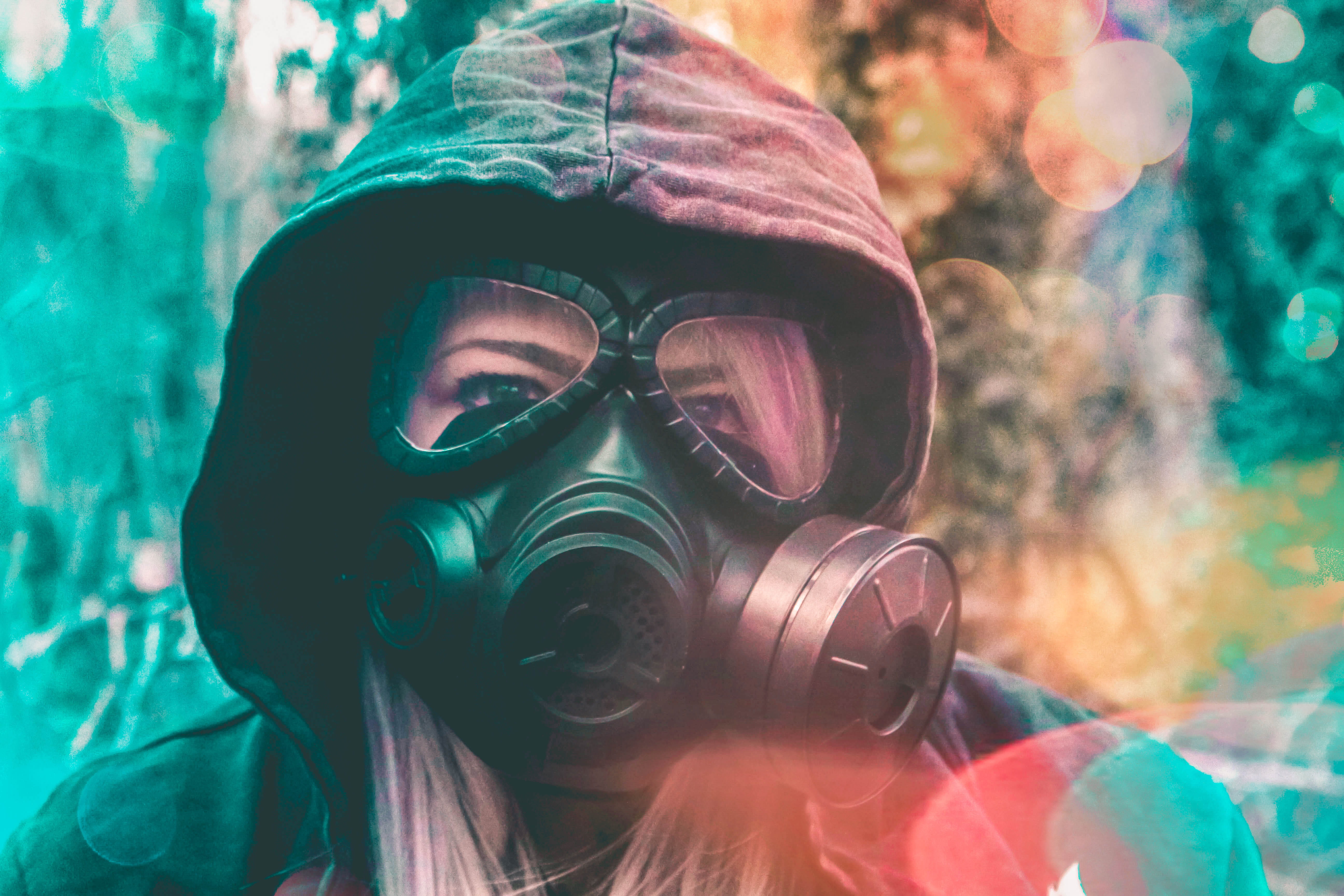 Gas Mask ||, woman wearing gas mask photo, hoodie, female, blonde hair