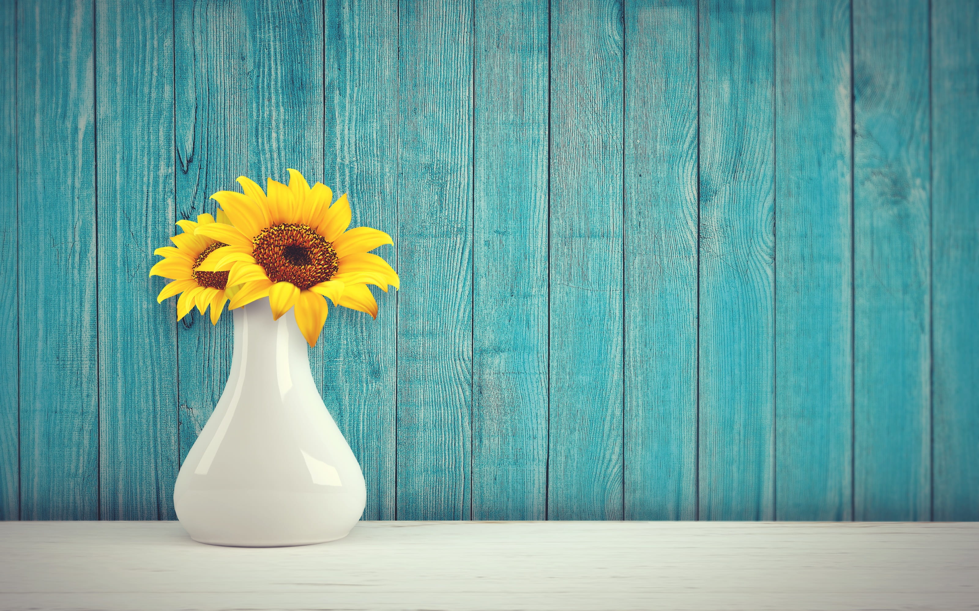 two yellow sunflowers in white ceramic vase, sun flower, vintage