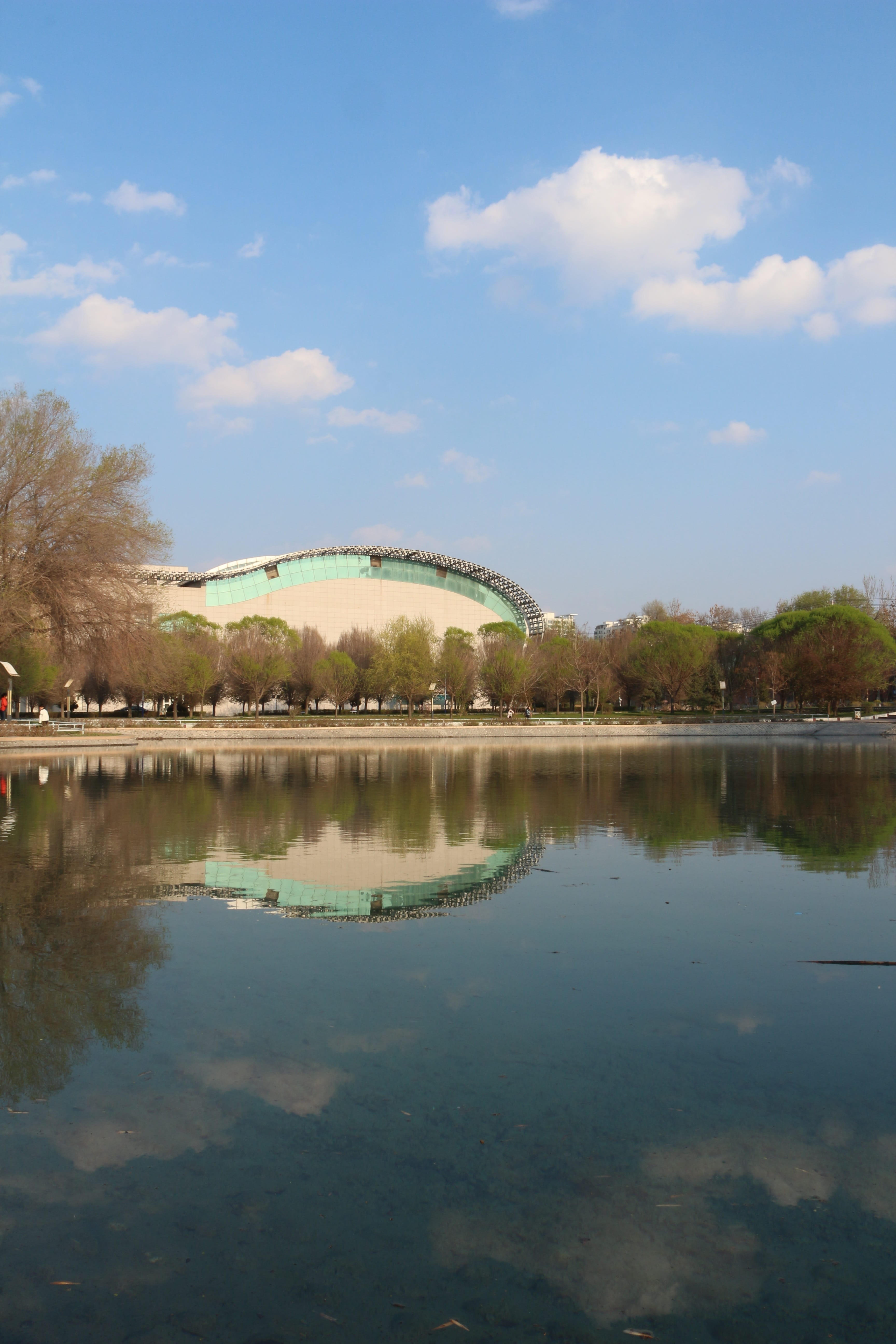 blue sky, white cloud, building, water, reflection, cloud - sky