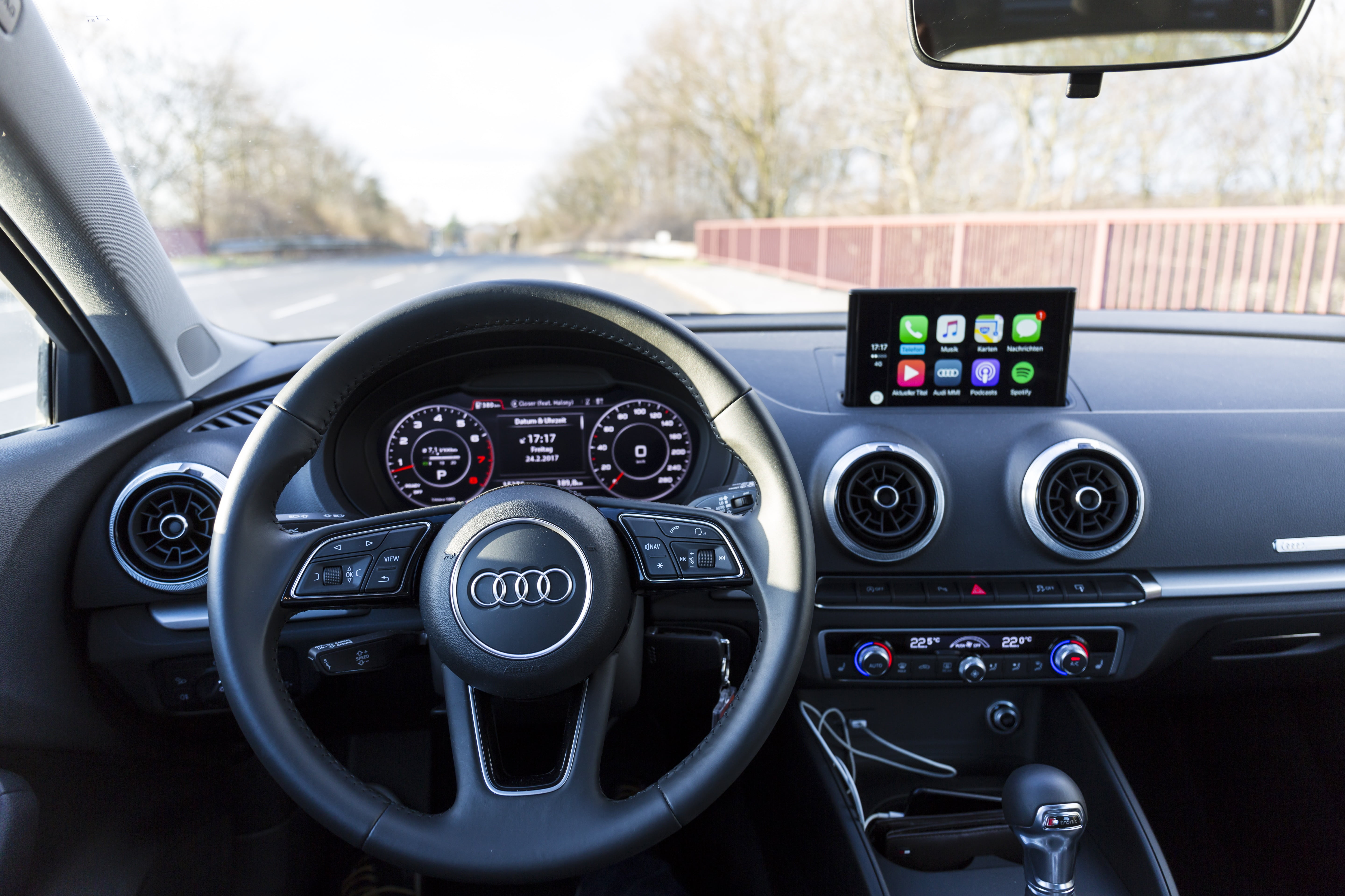 black and silver Audi car interior, audi a3, carplay, auto, steering wheel