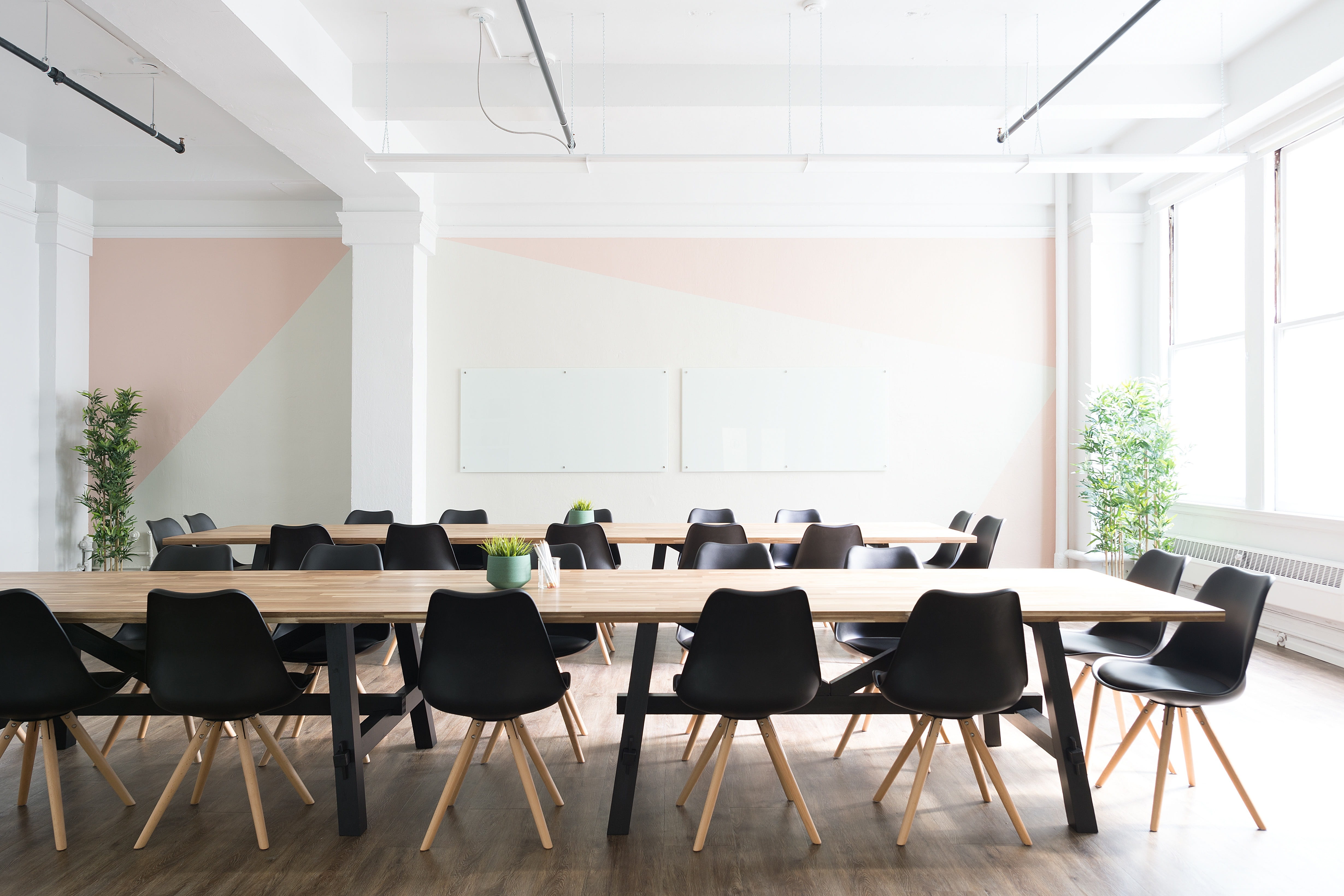 rectangular white wooden table, room, office, chairs, window