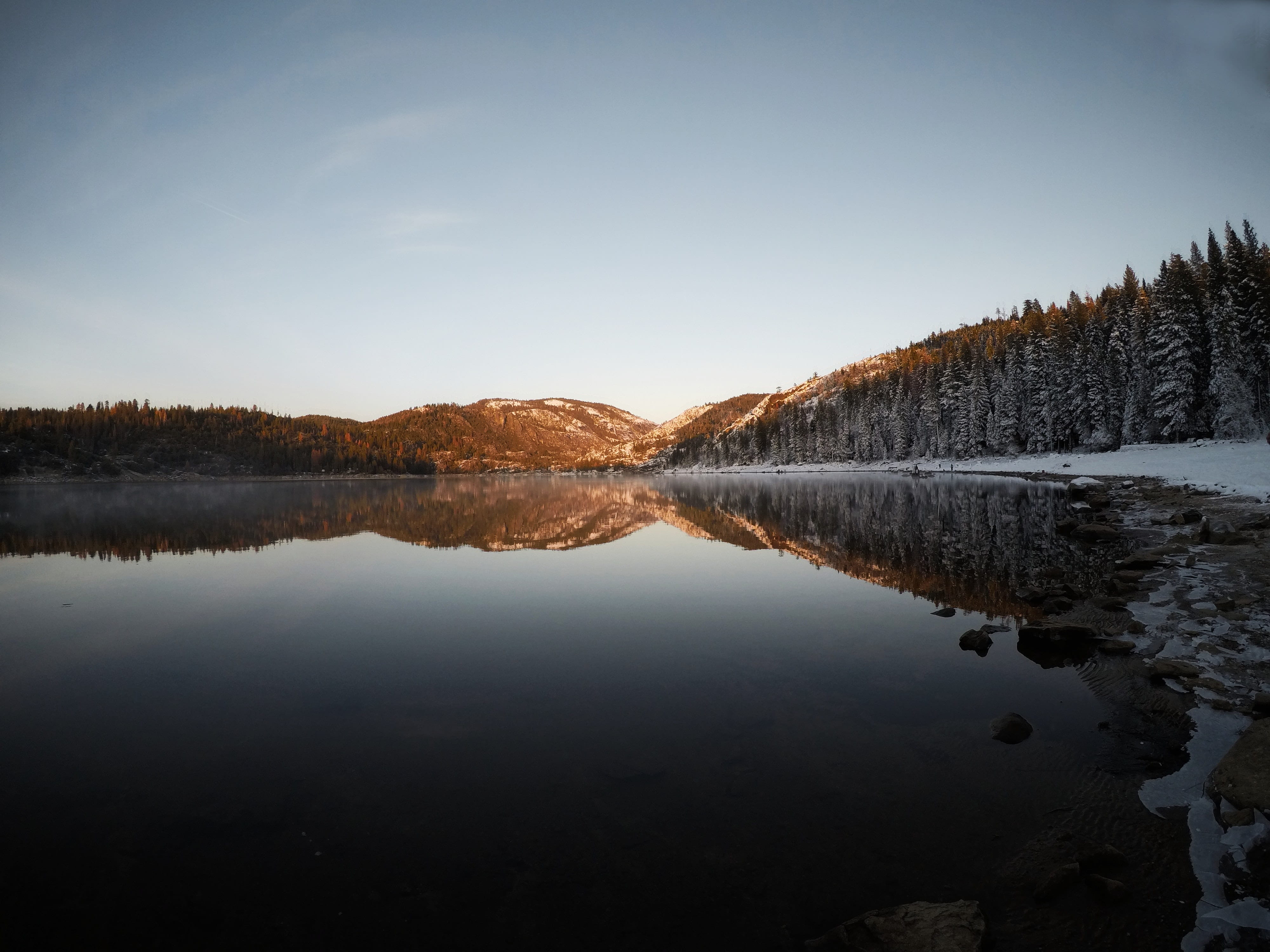 sunset, fall, winter, forest, nature, cold, water, reflection