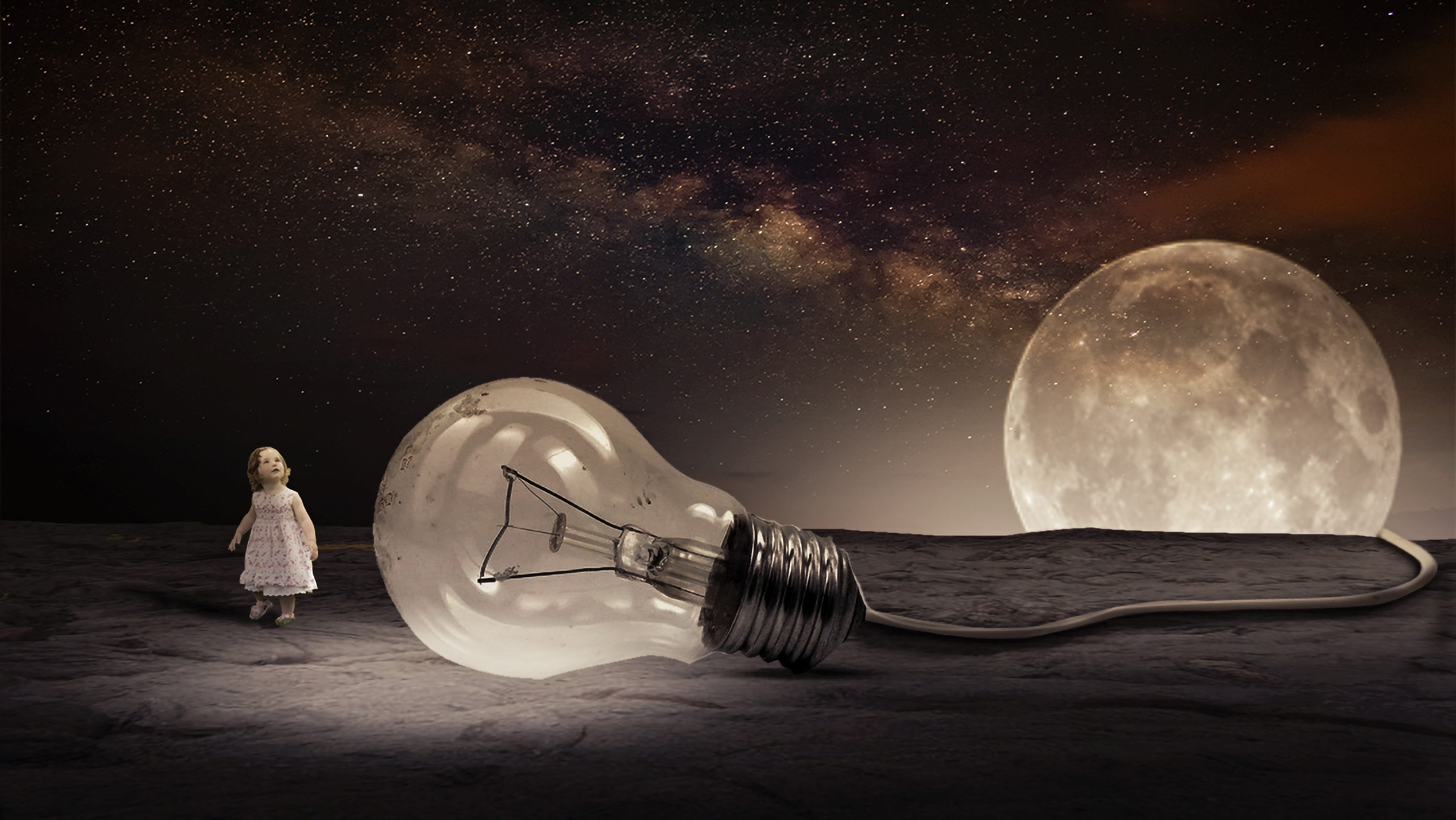 surrealism light bulb and girl illustration, moon, stars, sky