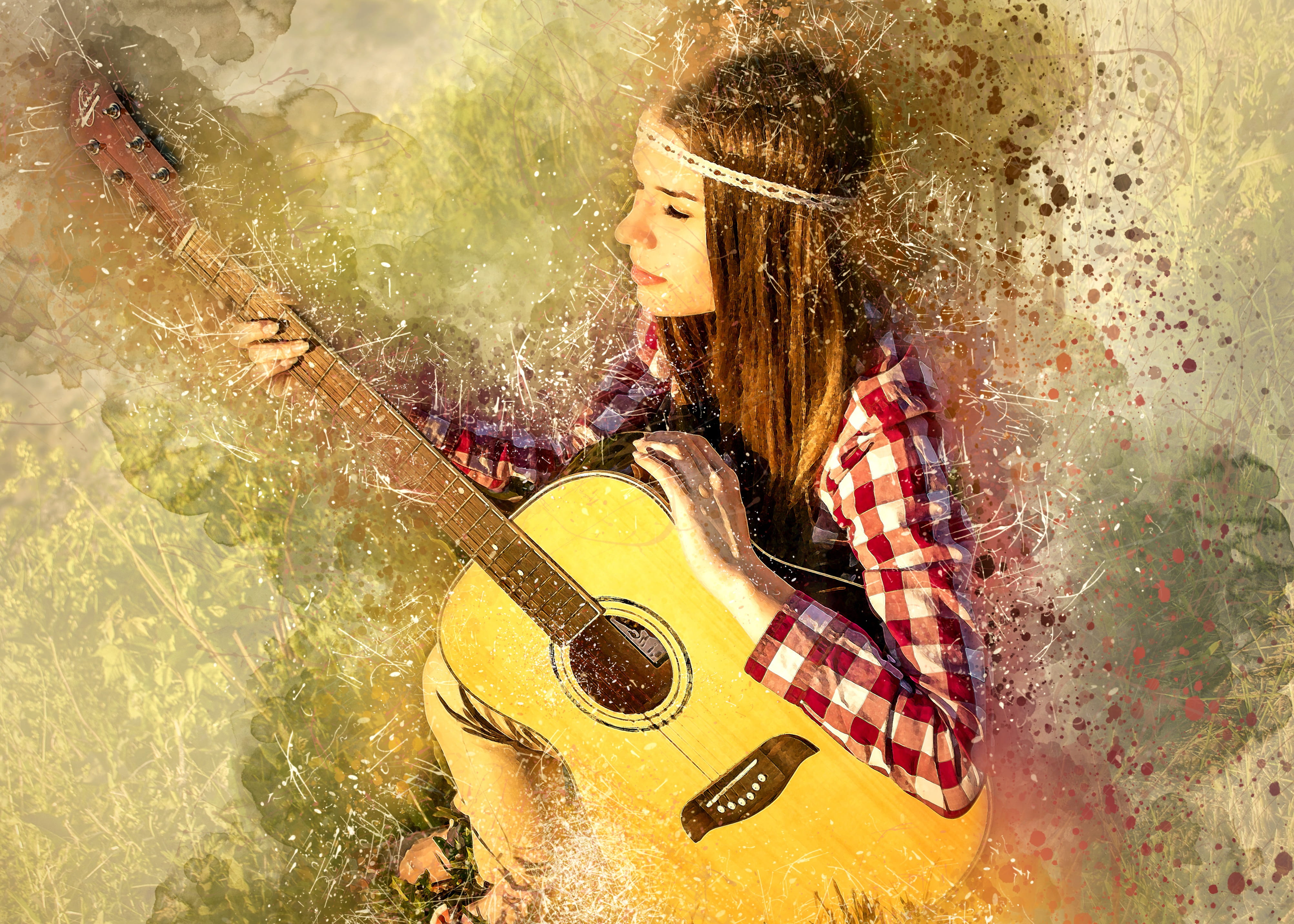 woman holding guitar painting, girl, female, person, adult, music