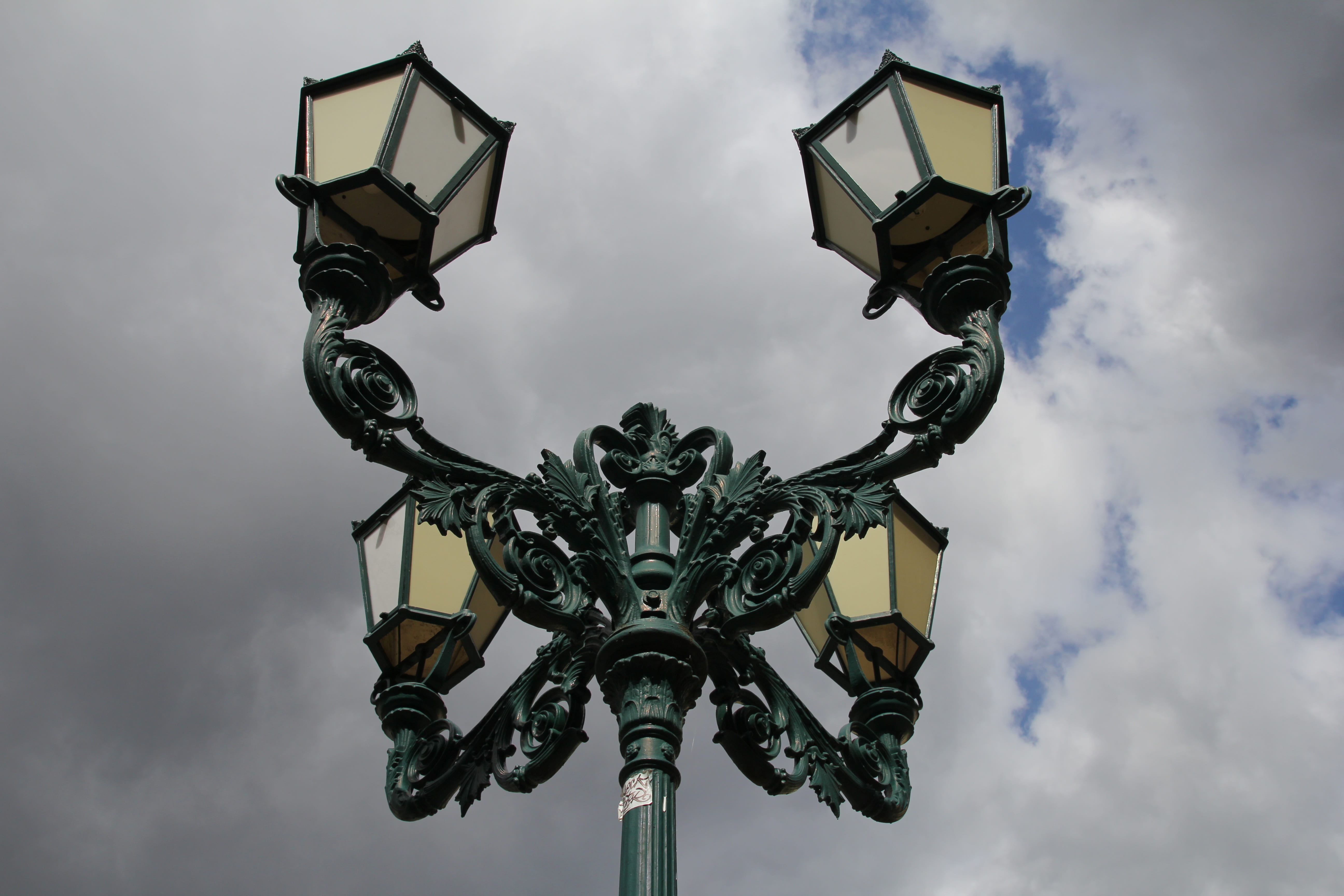 lamp, lantern, illuminated, old, lamppost, cloud - sky, low angle view