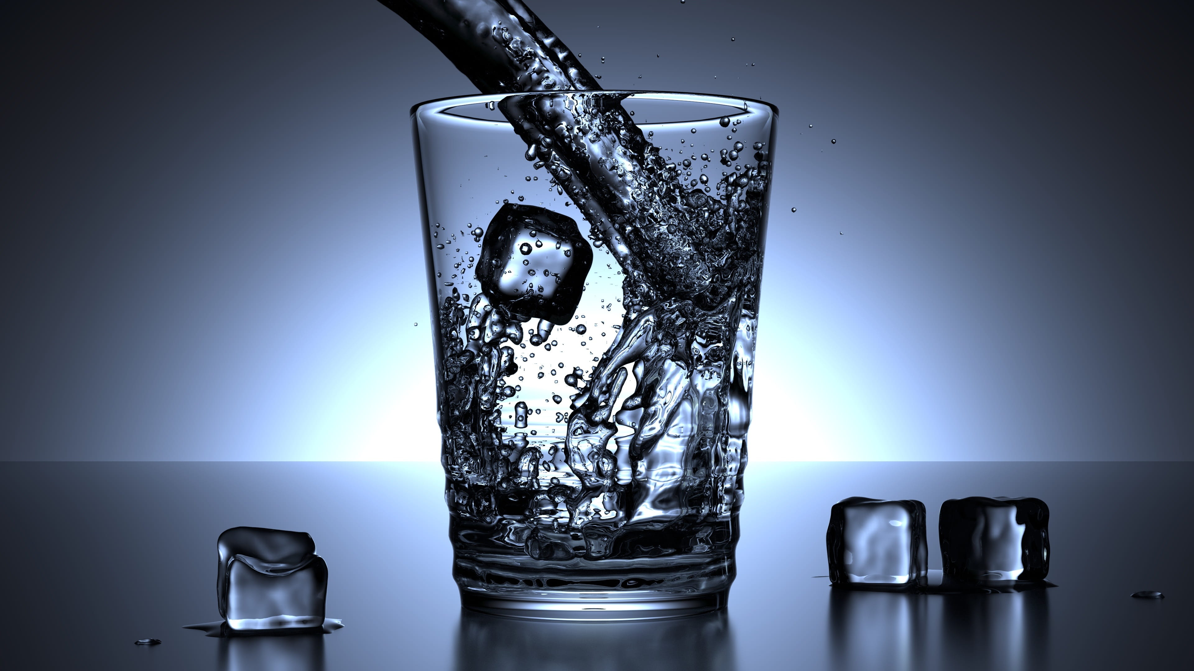 glass, water, ice cubes, drink, cold, drip, mirroring, blue