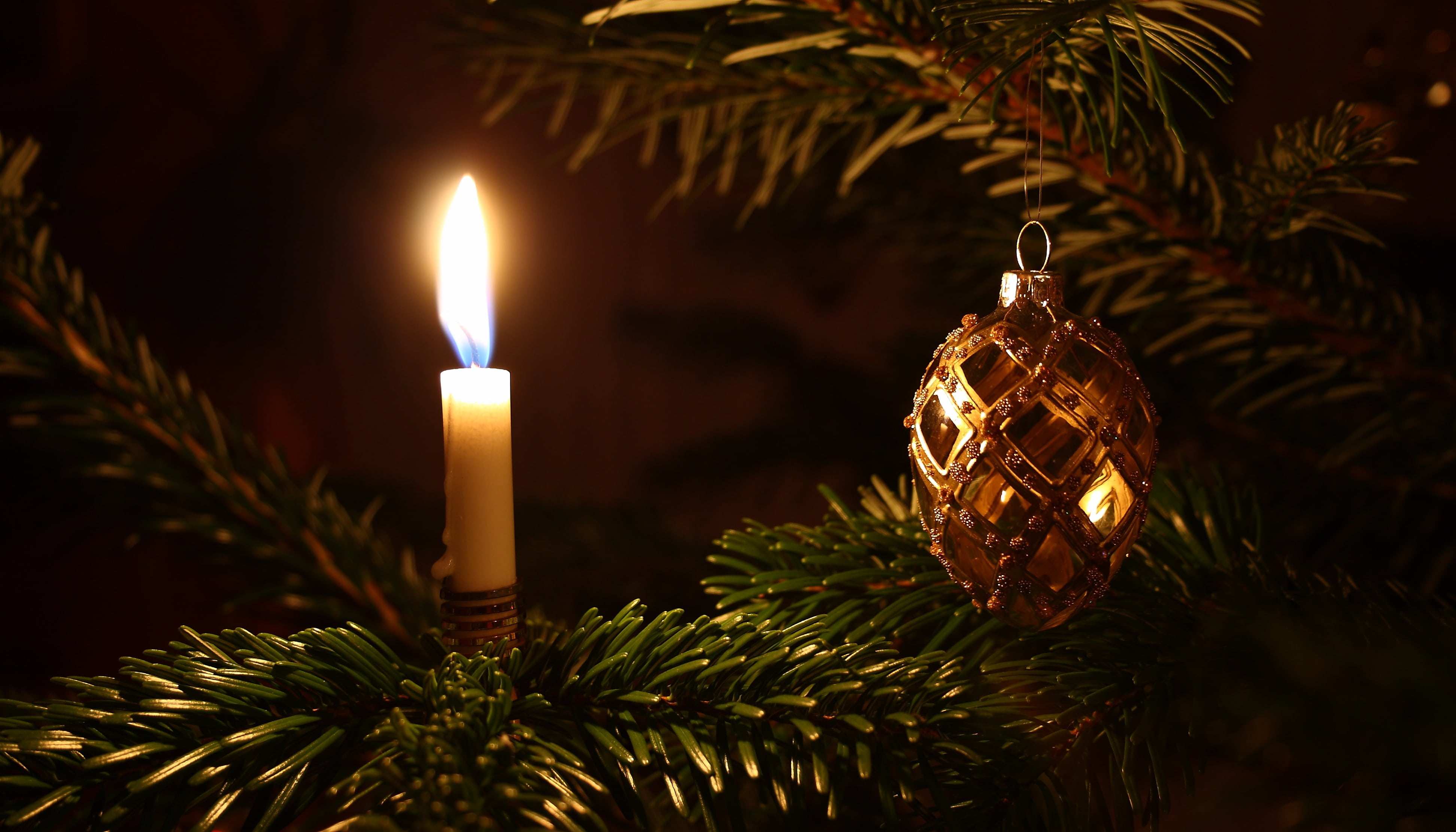 lighted taper candle beside Christmas ornament hanging on fir tree