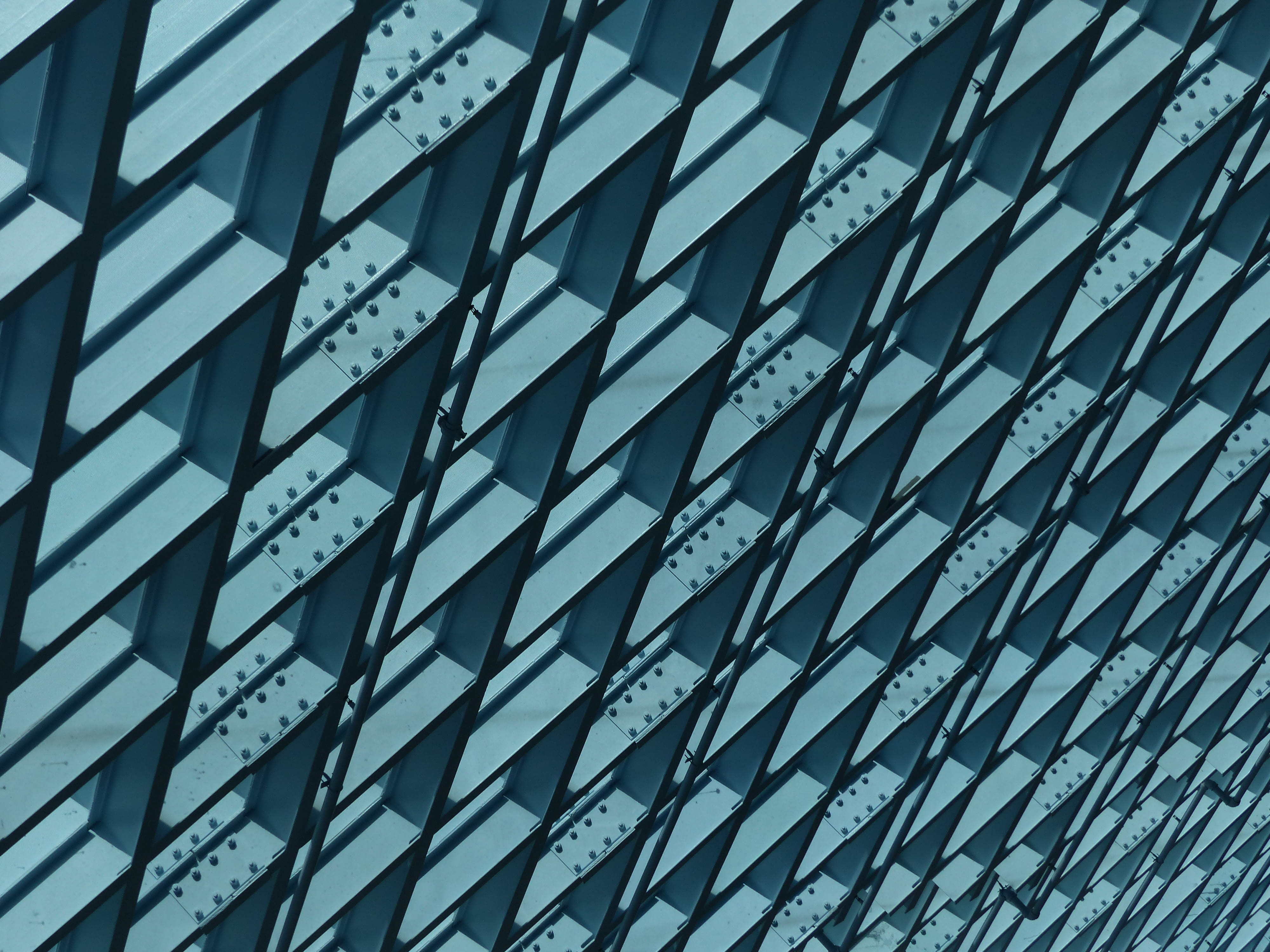 teal painted wall, triangular pattern surface, World, Metal, architecture