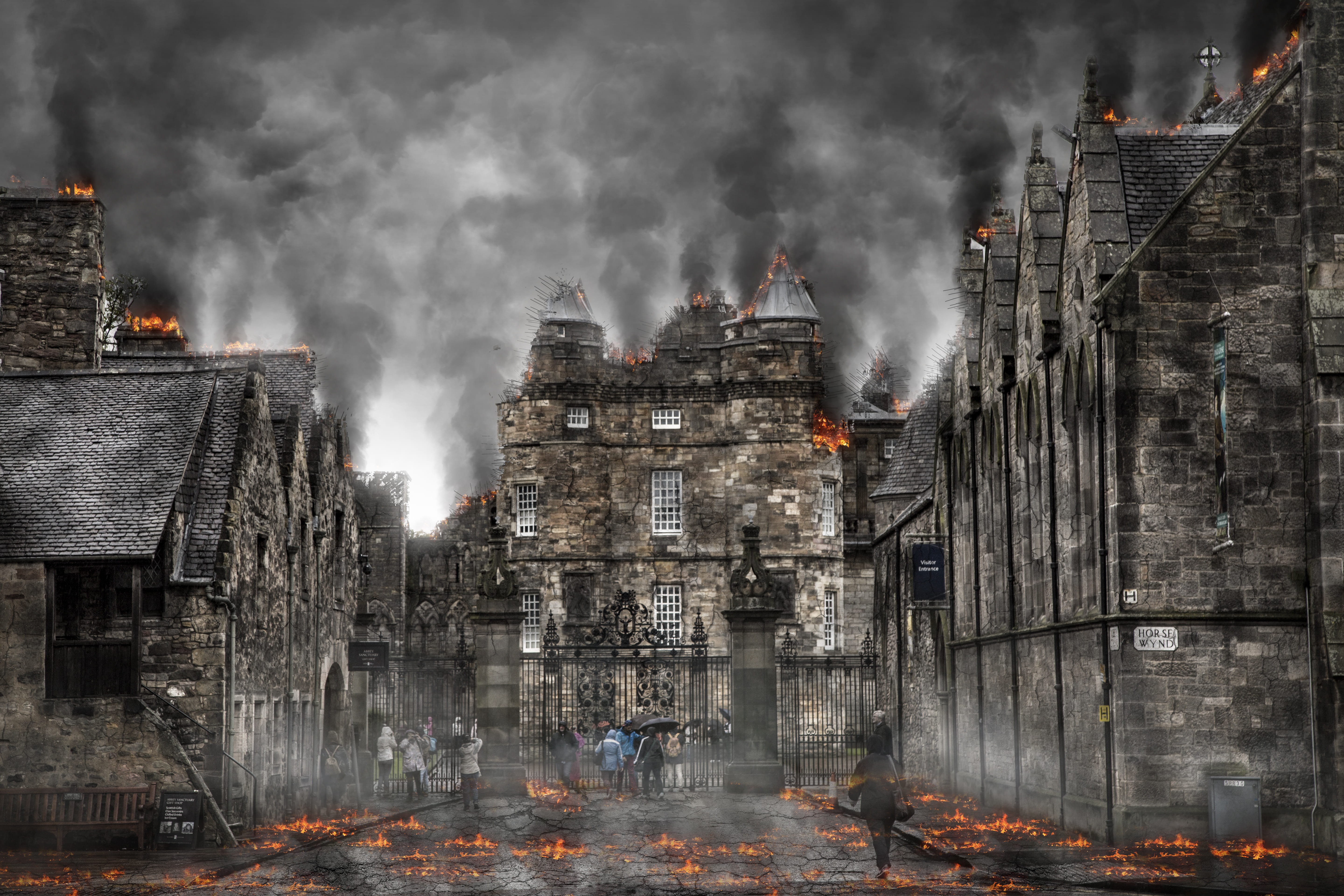 people beside burning castle, armageddon, war, apocalypse, destruction