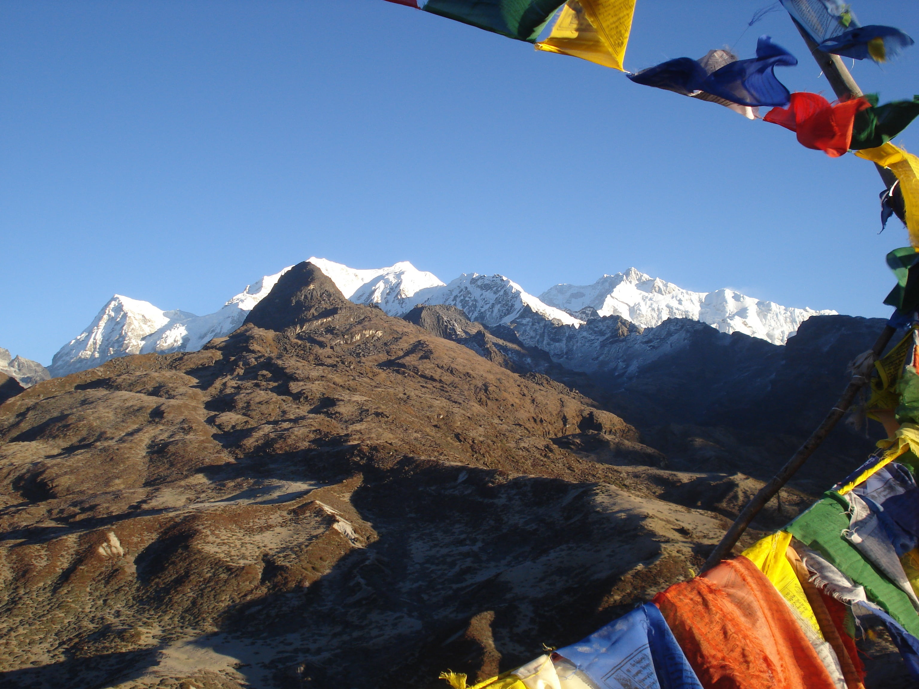 mountains under clear day sky, sikkim, flags, landscape, high mountain
