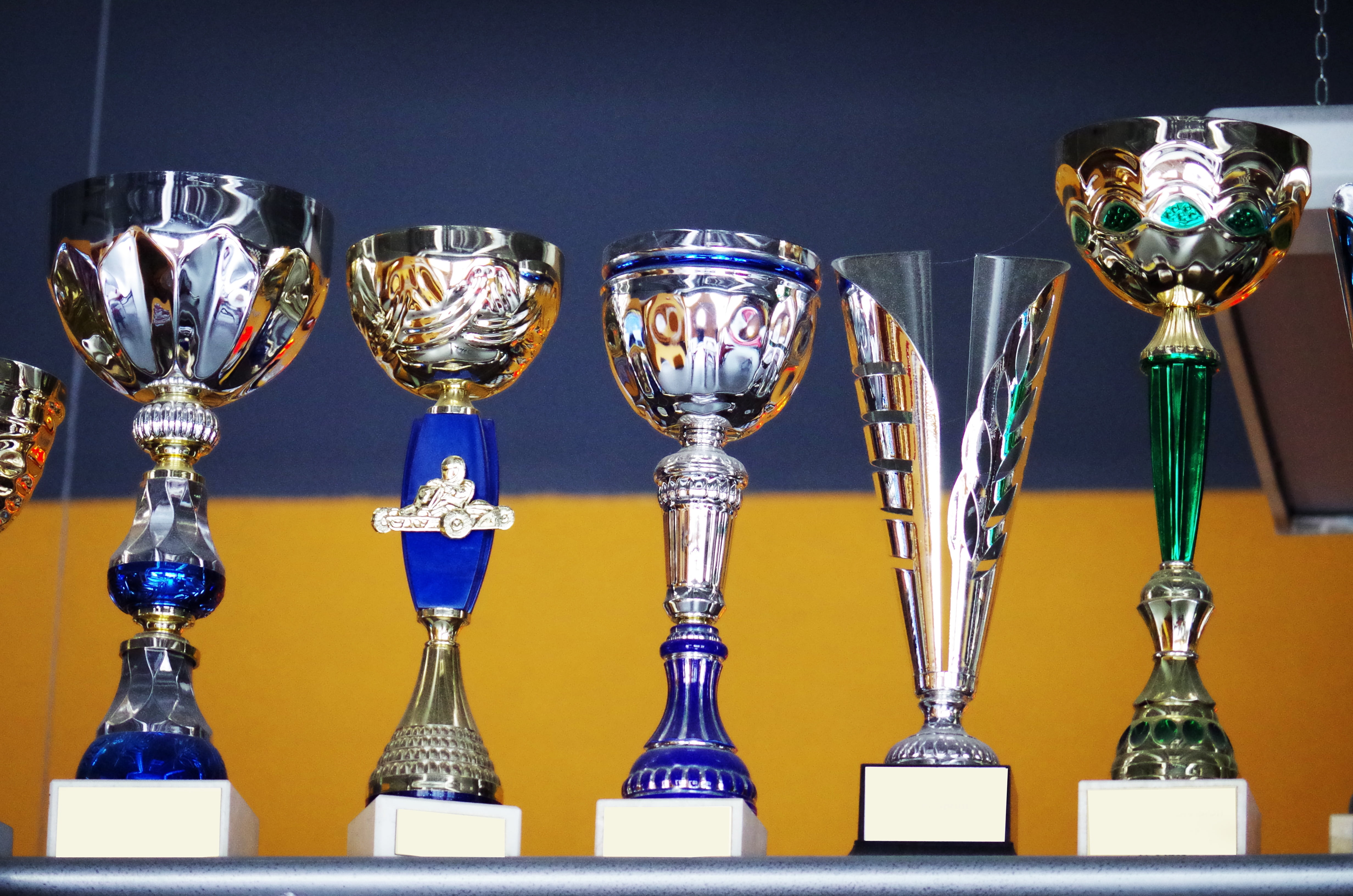 five assorted-color trophies, cups, winner, reward, trophy, award