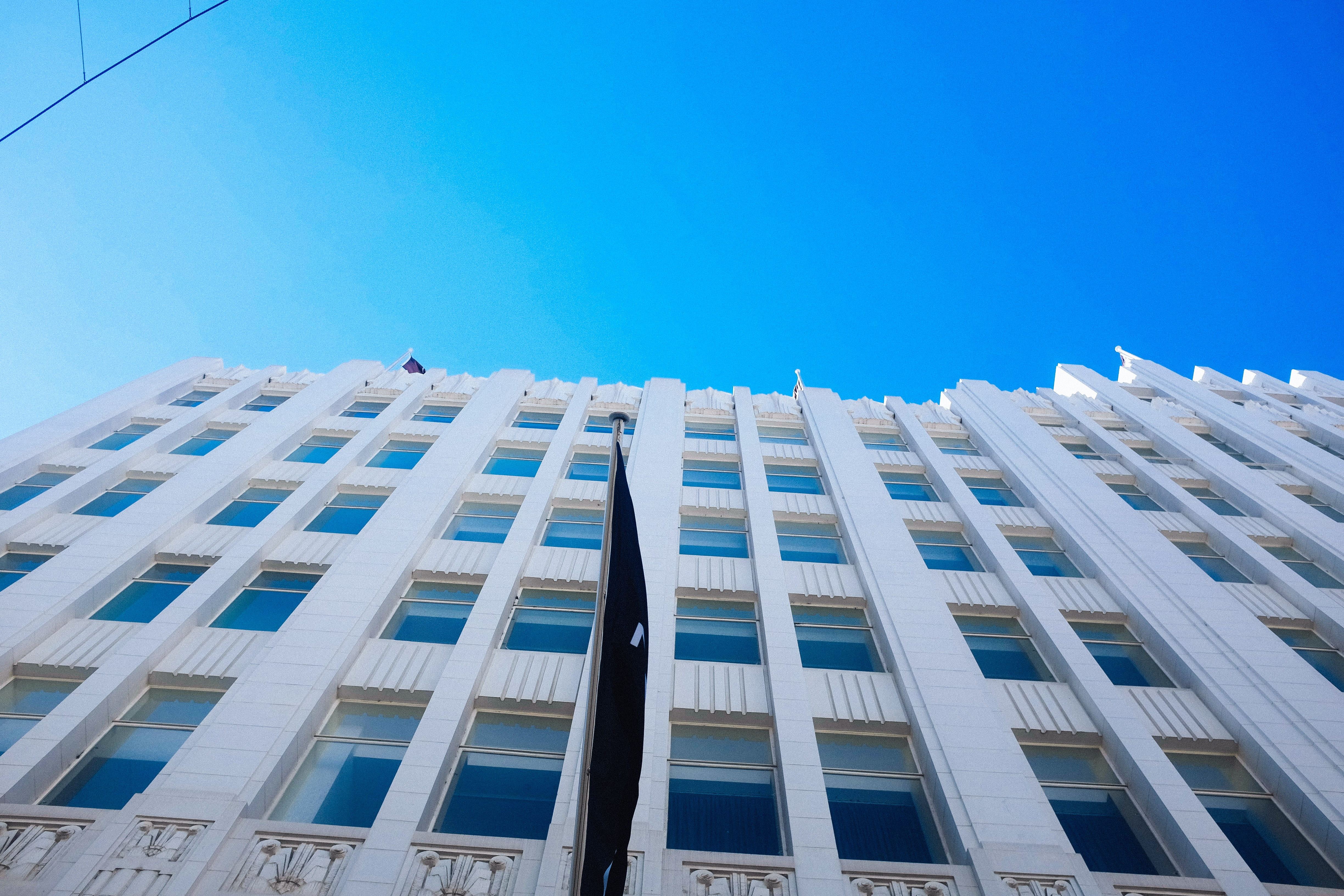 building, windows, flags, architecture, blue, built structure