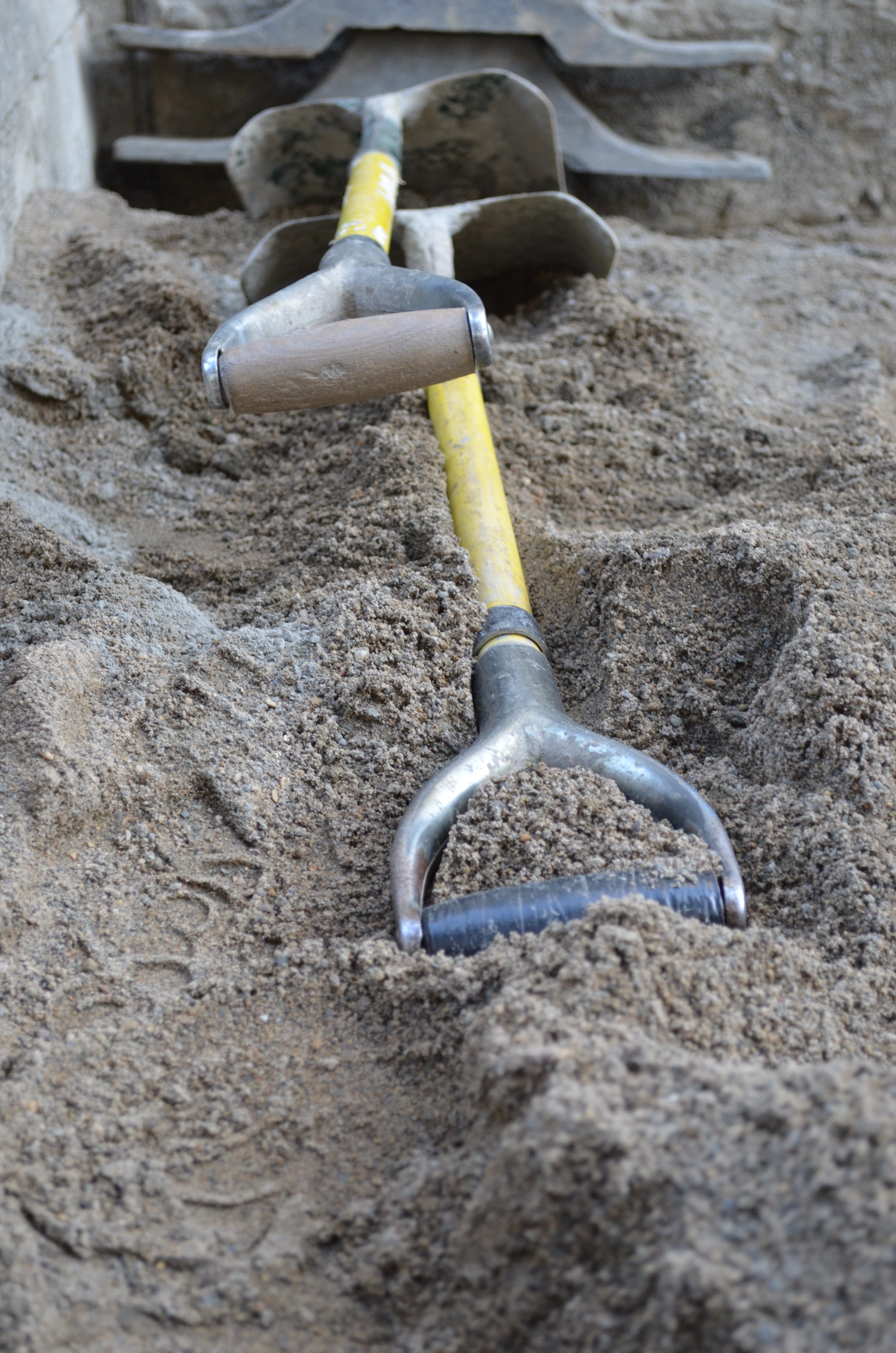 two gray shovels, Spades, shoveling, digging, sand, excavation