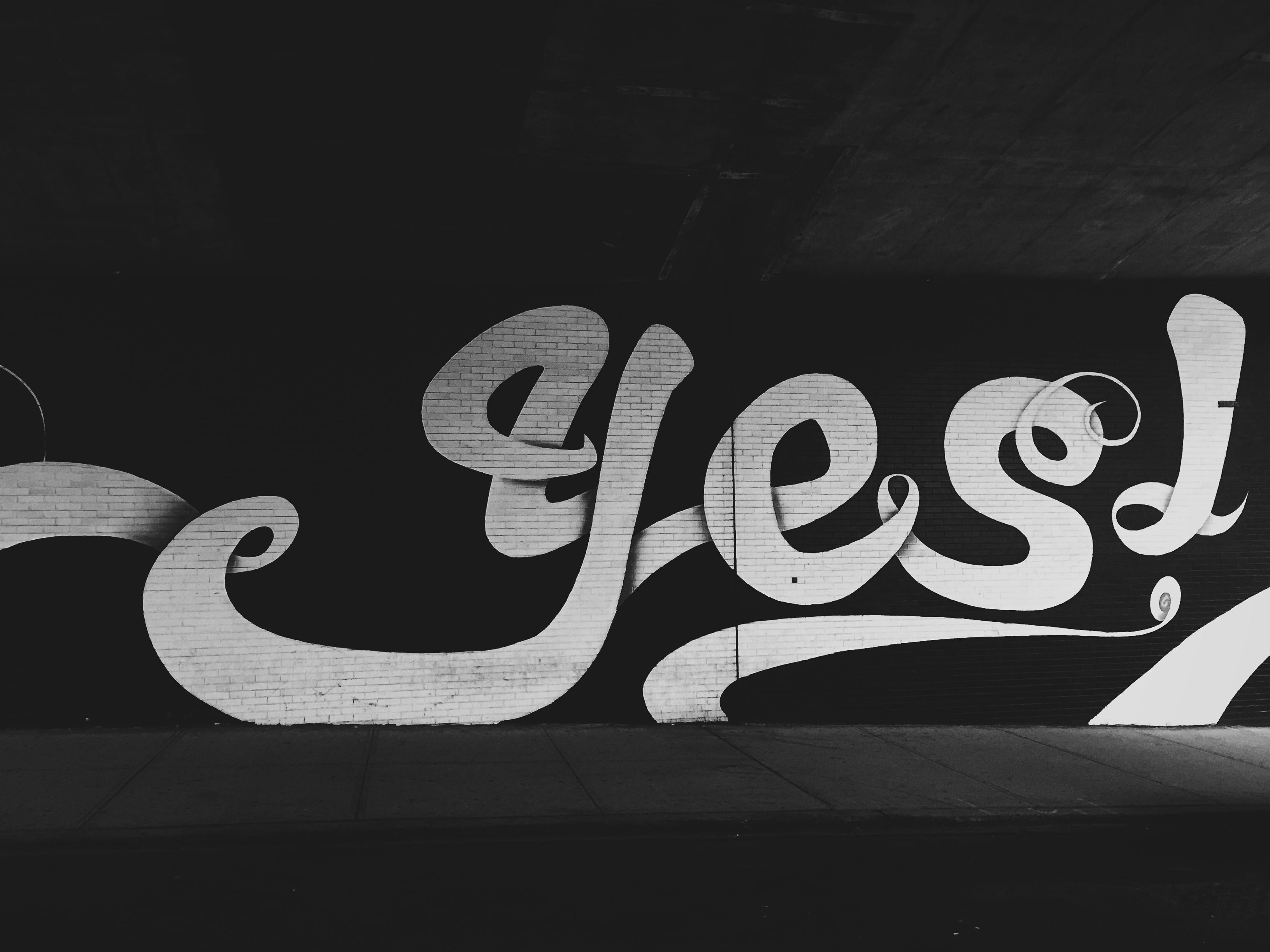 yes! graffiti wall, white yes wall graffiti, black, sign, dark