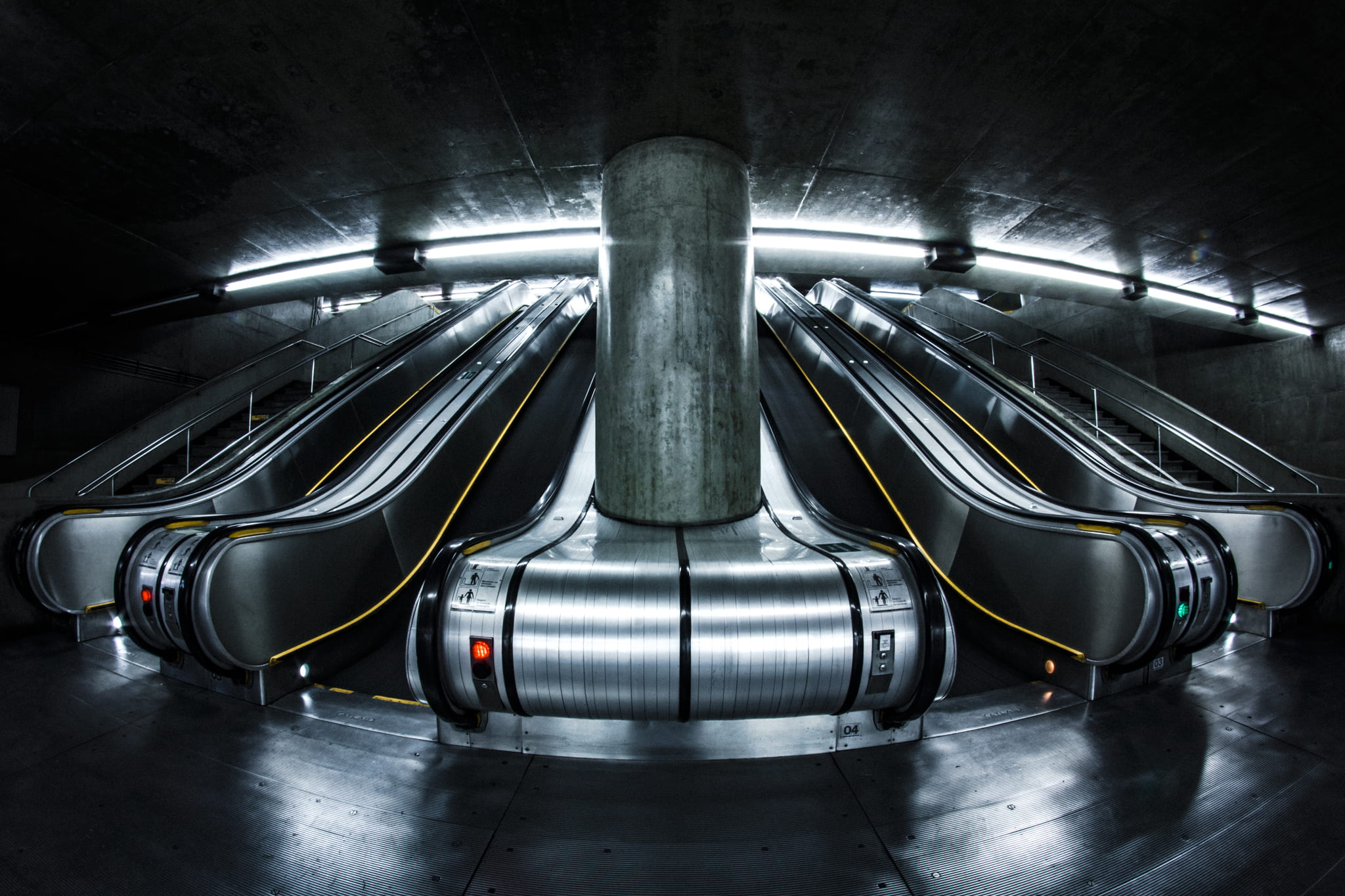 lights, dark, escalator, pillar, column, transportation, silver colored