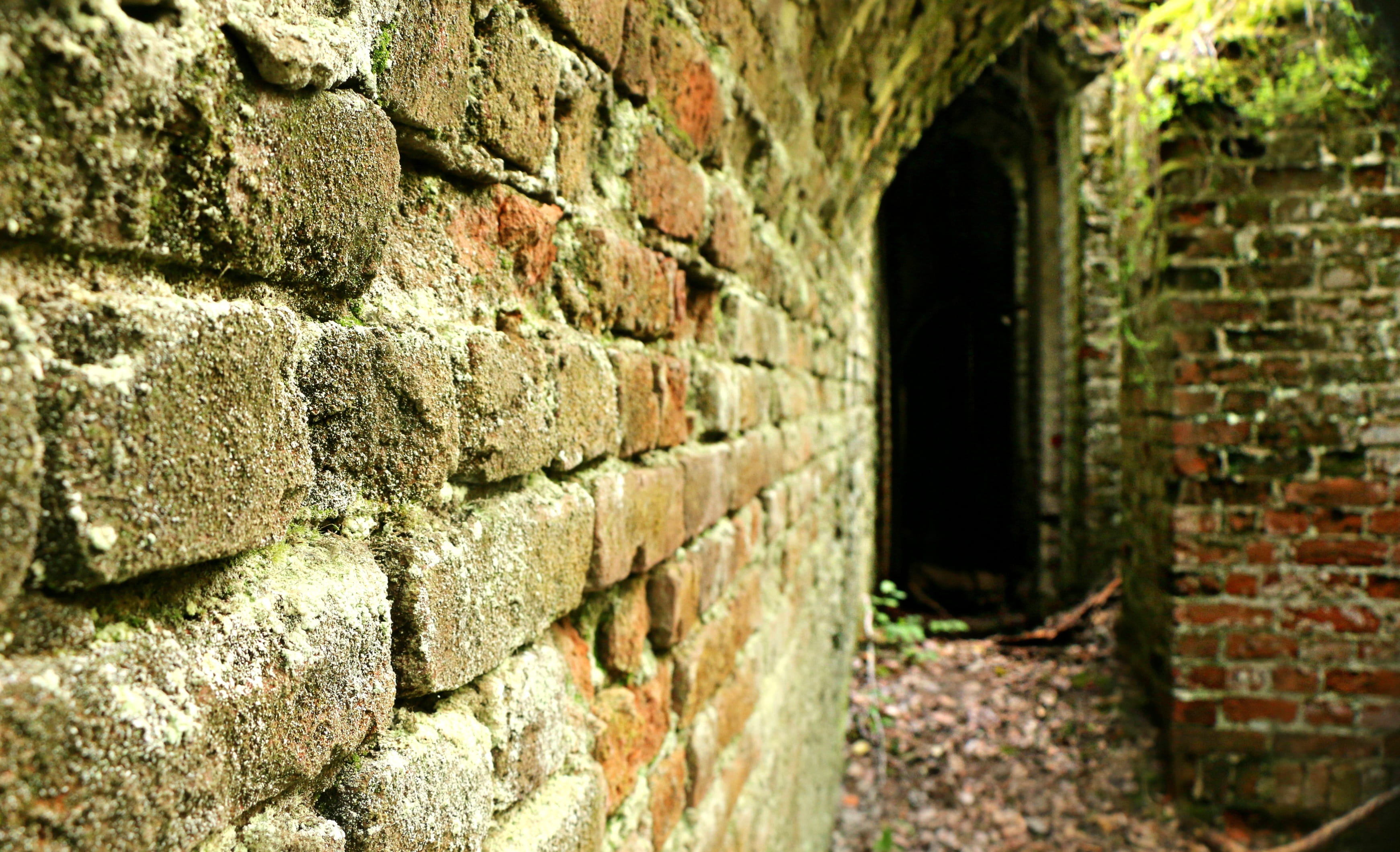 gray and brown brick wall, brown stone, bricks, tunnel, catacombs