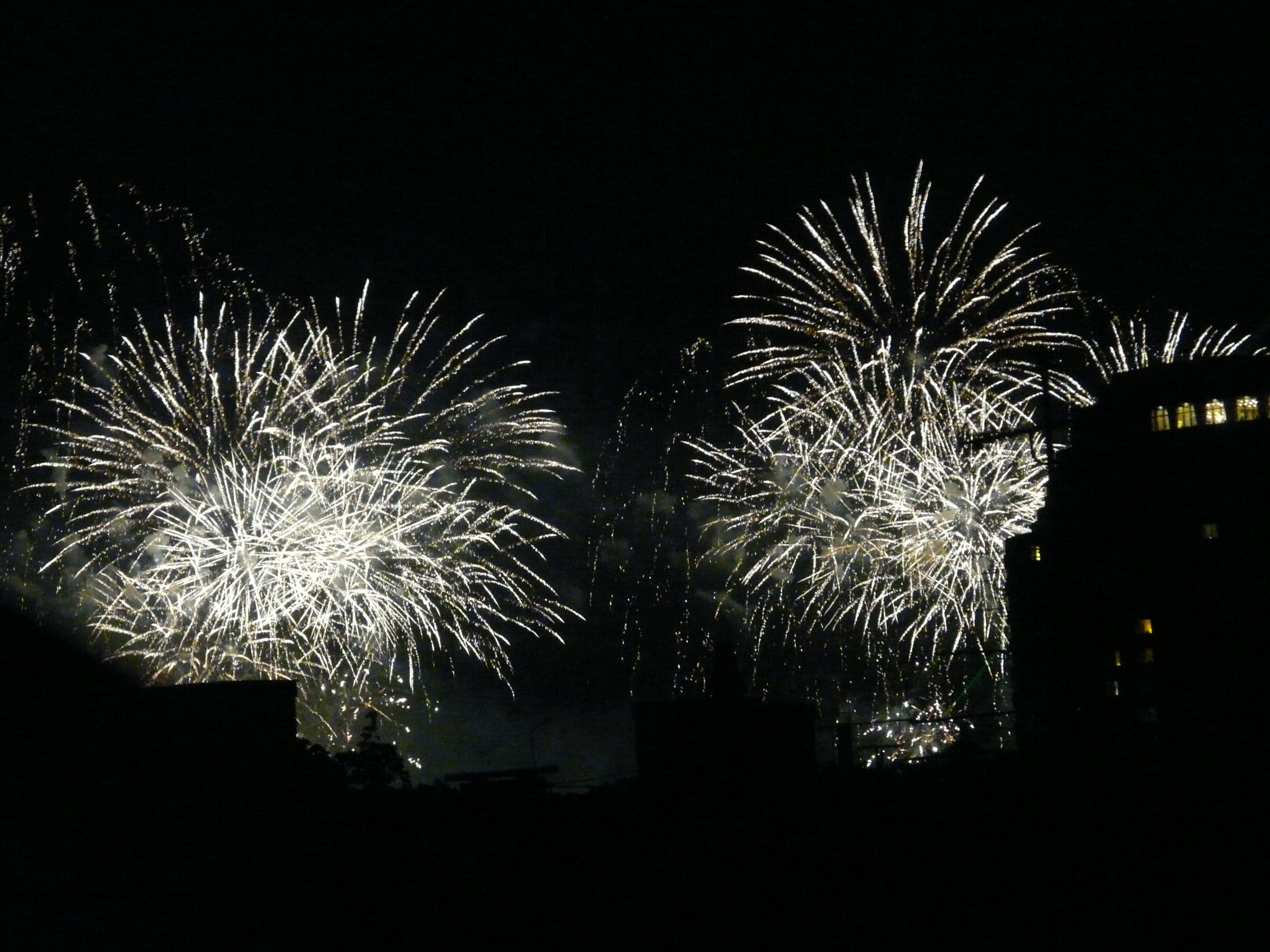 fireworks, explode, night, rocket, silver, white, city, silhouette