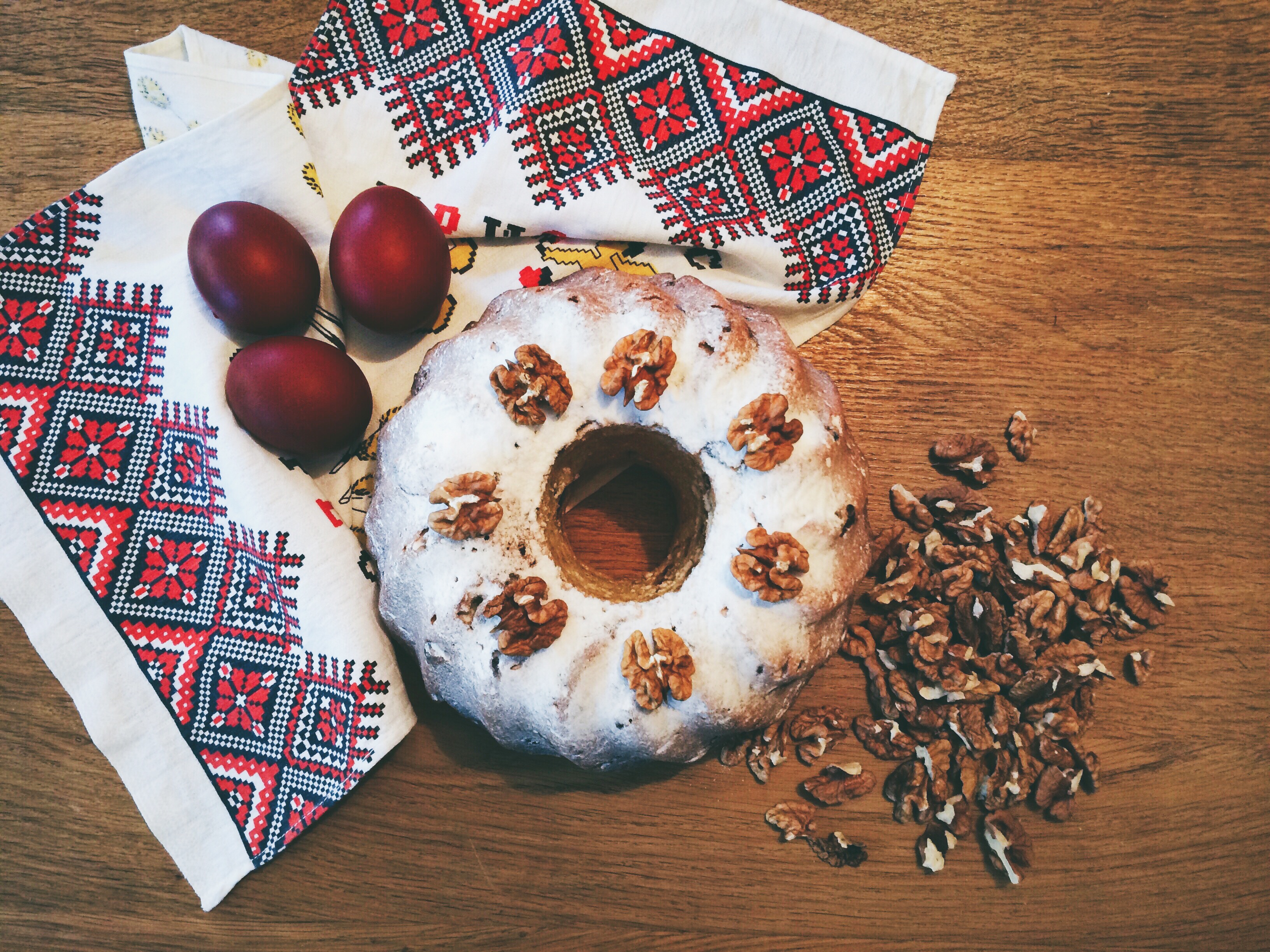 three eggs and bread on table, easter, easter cake, nuts, holiday
