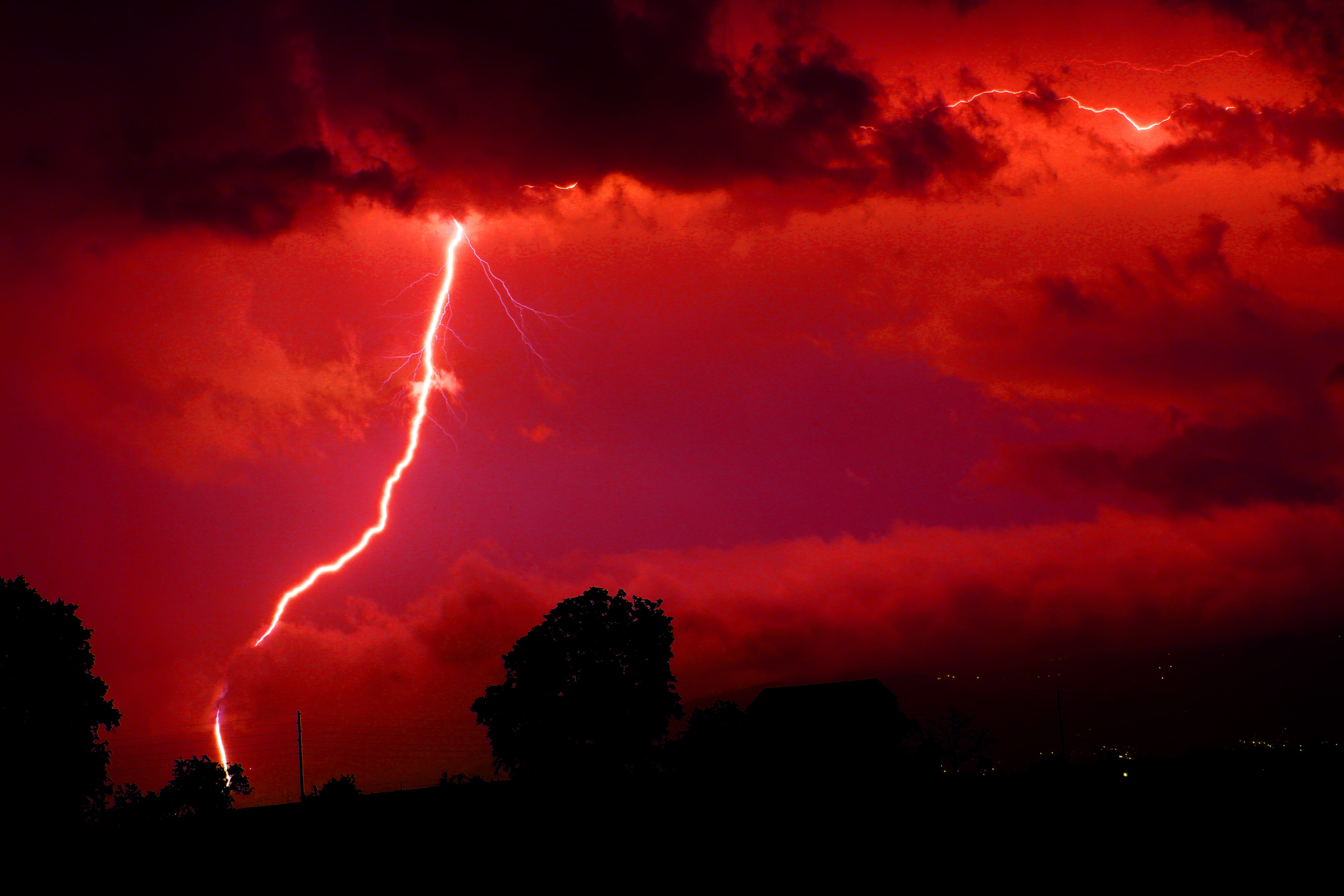 lightning strike, flash, red, energy, current, nature, sky, night