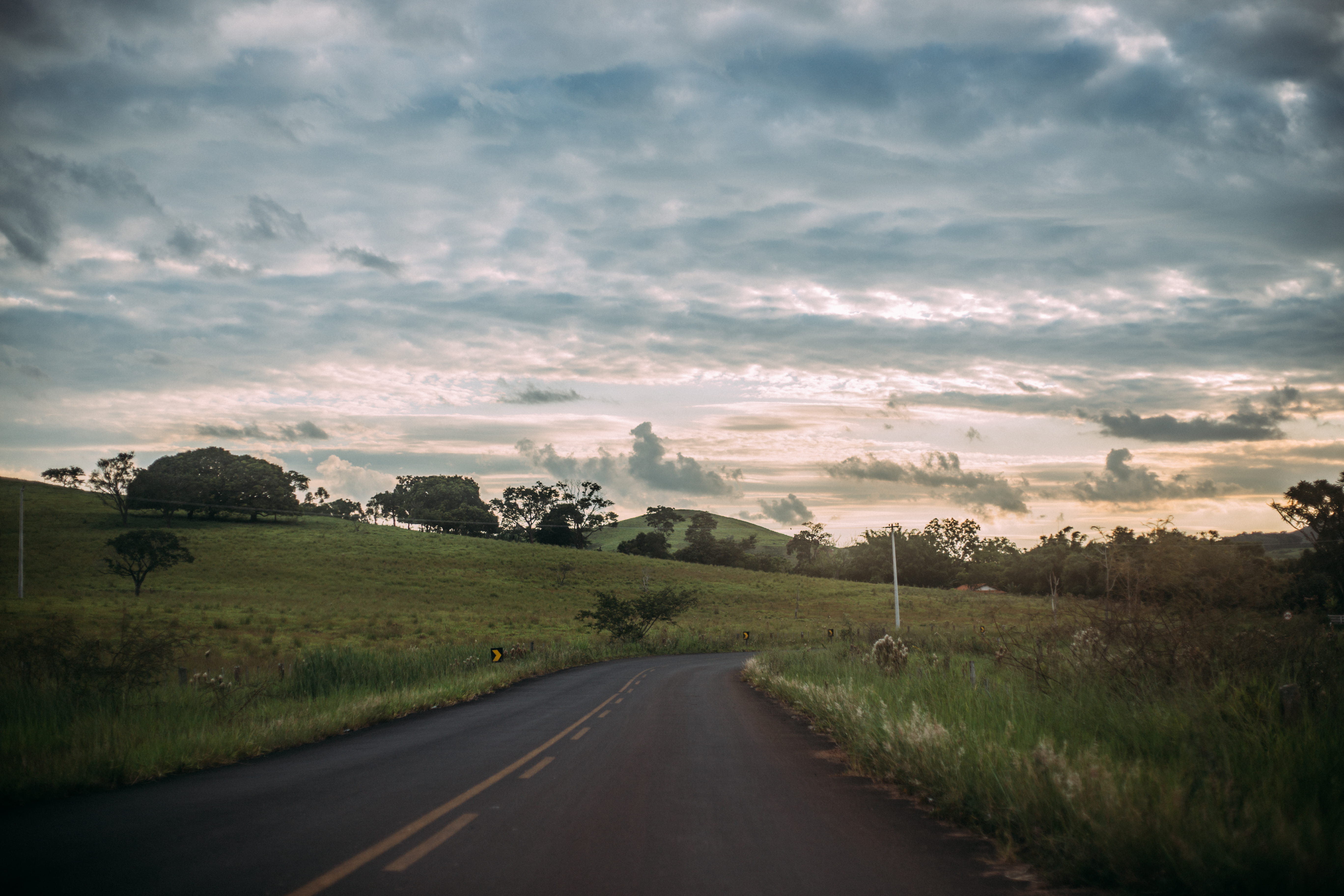 road, landscape, clouds, field, countryside, daylight, grass