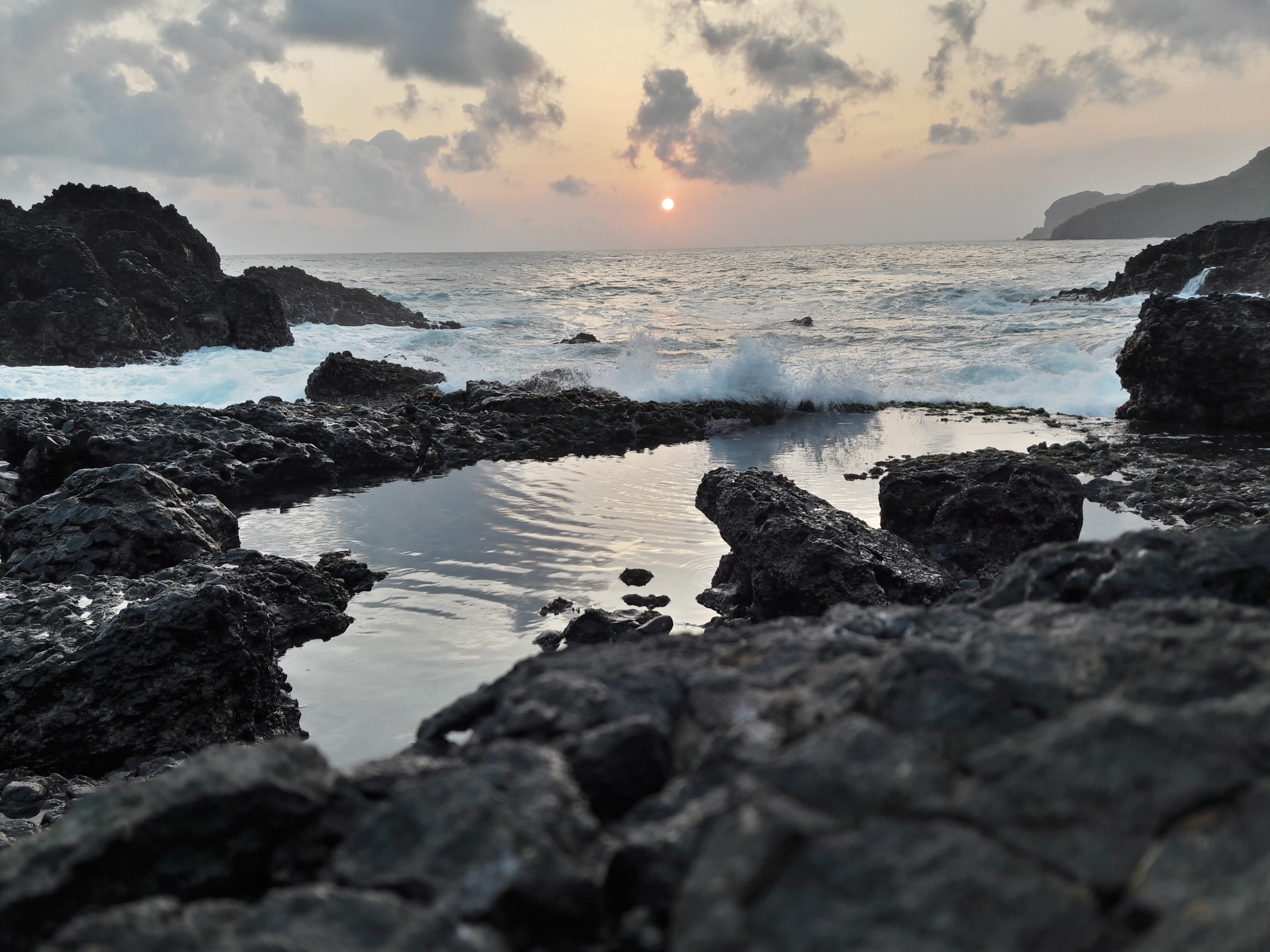 beach, sunset, sea, water, sky, rock, rock - object, solid