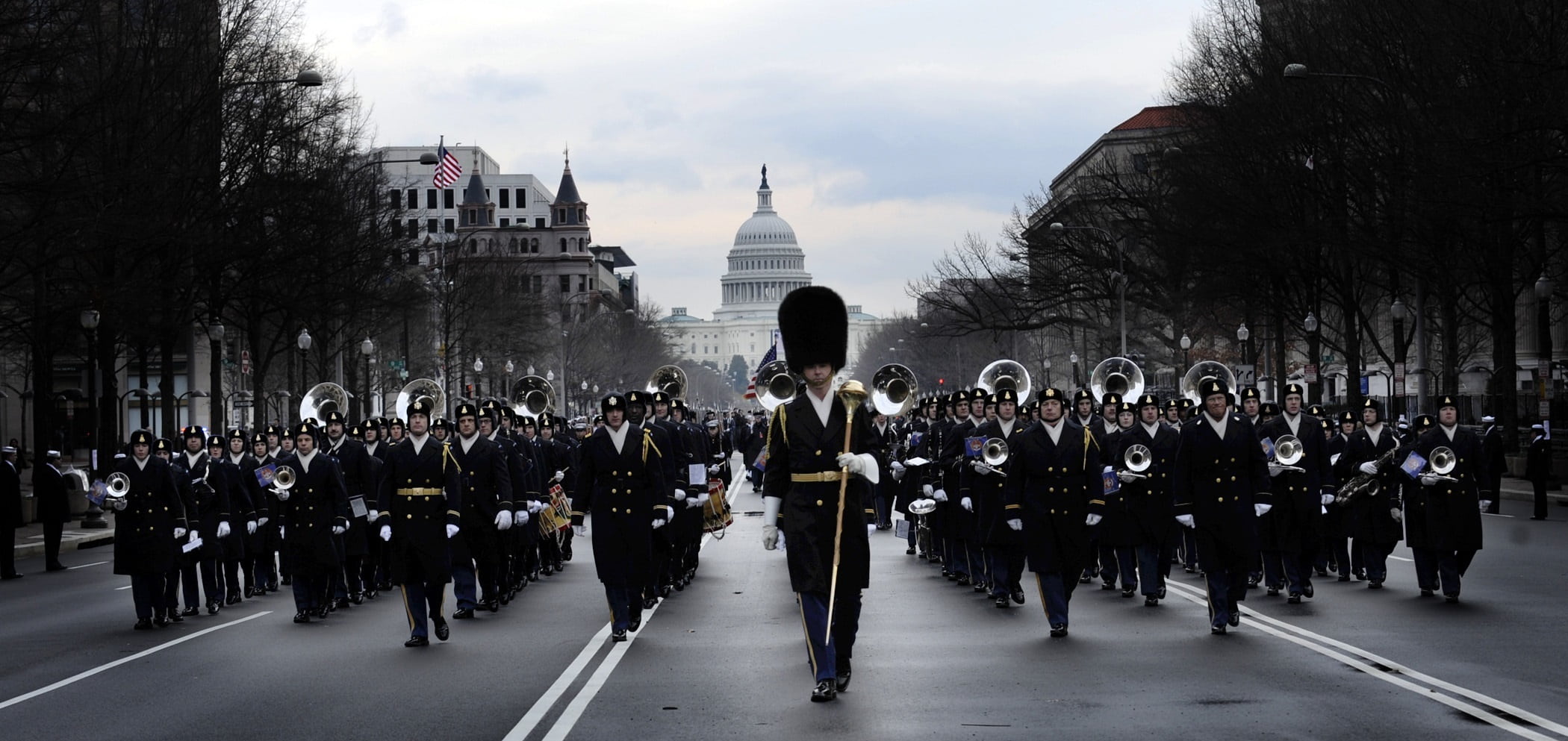 band marching in front of The Capitol Building, marching band