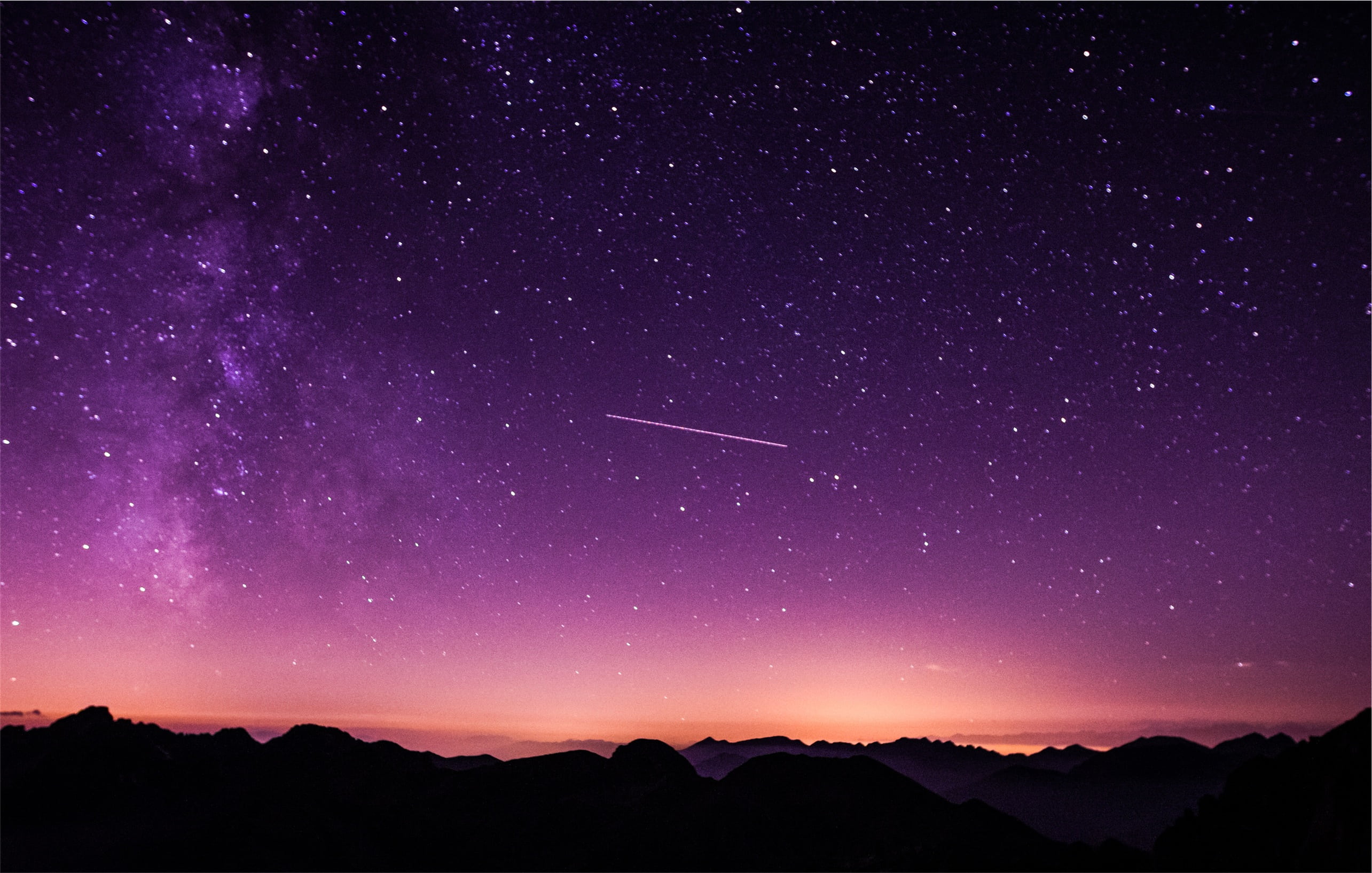 panoramic photography of shooting star, silhouette, mountain