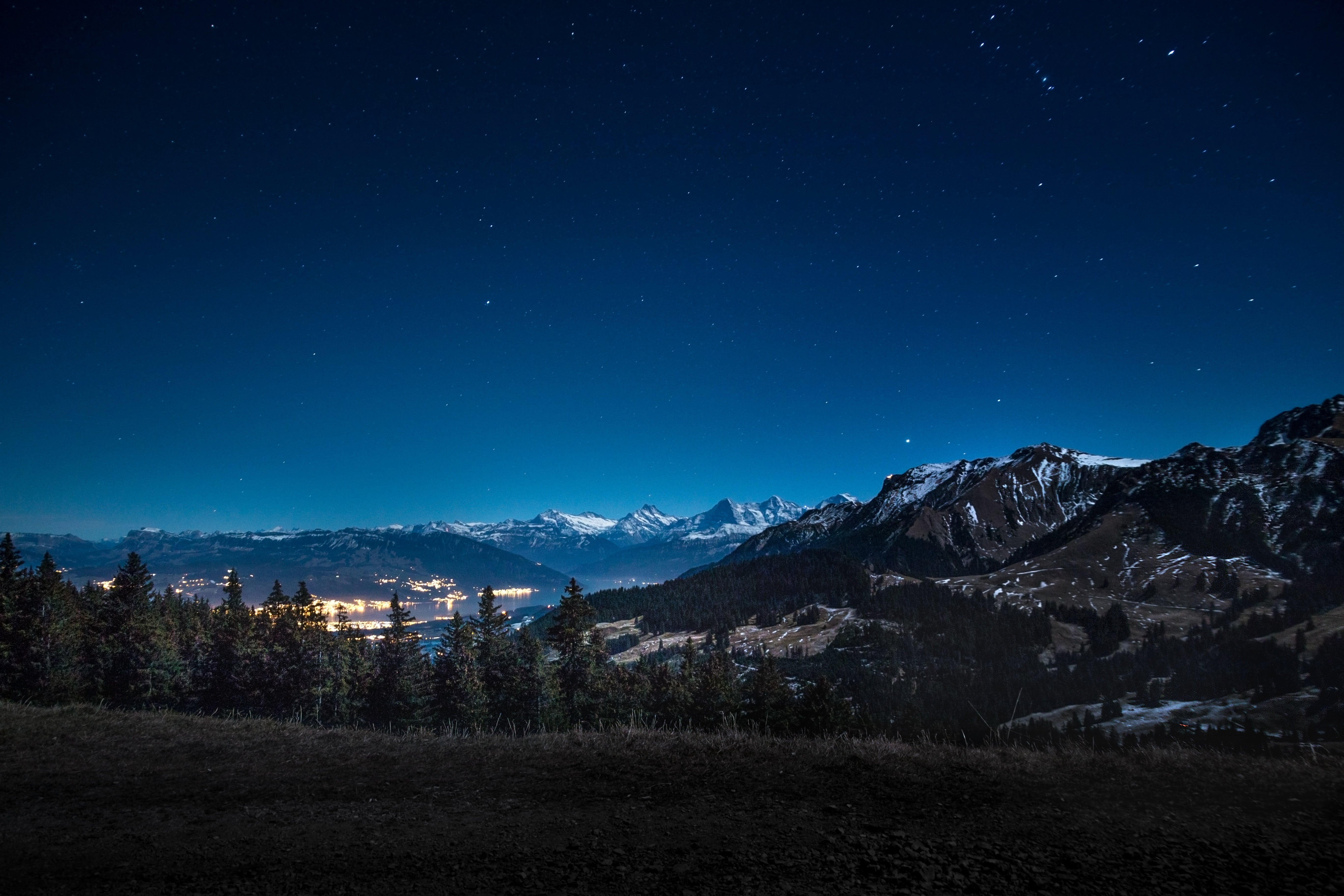 mountain range under blue sky, night, mountains, city, snow, landscape