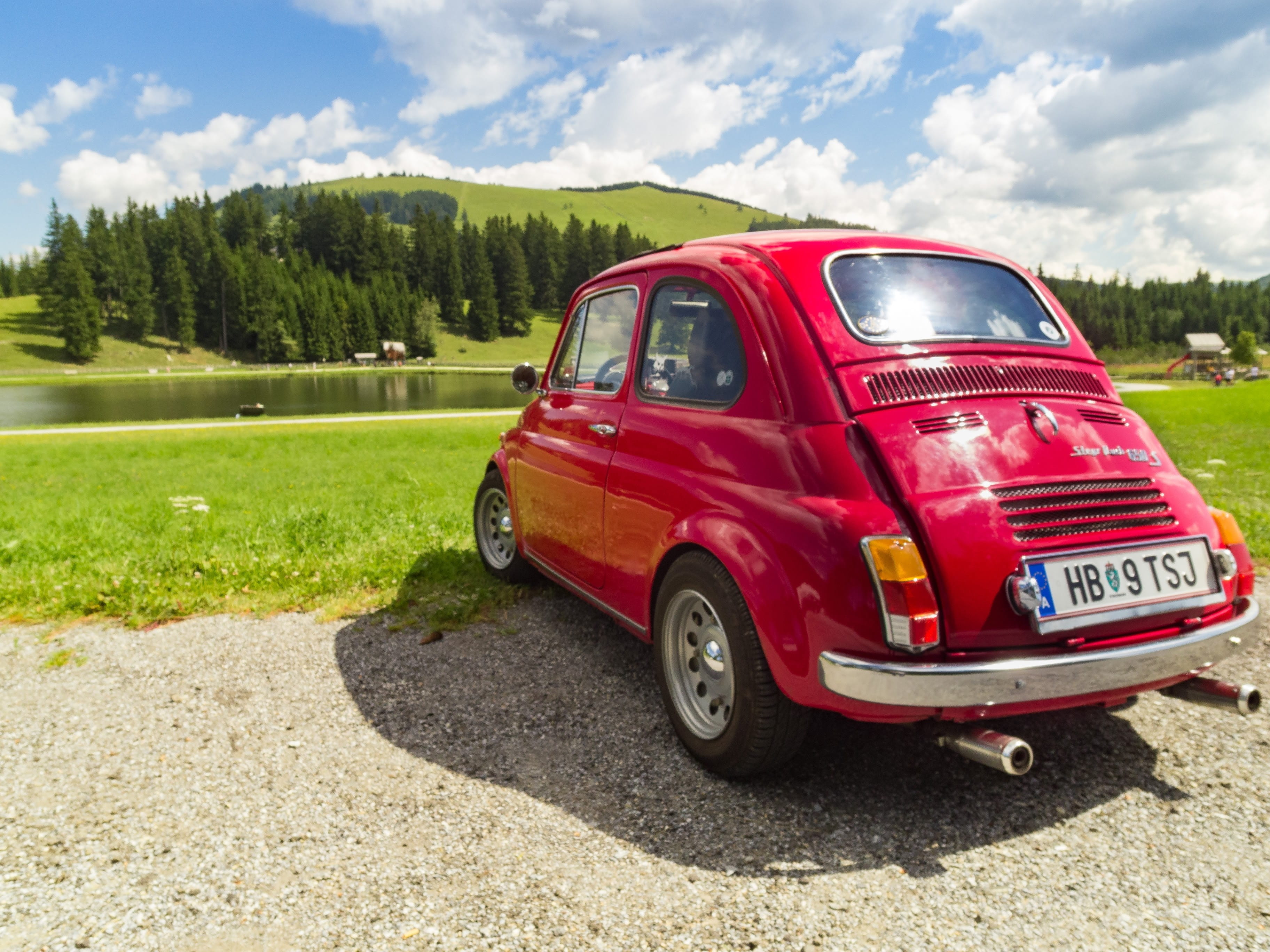 auto, lake, forest, clouds, meadow, transportation, cloud - sky
