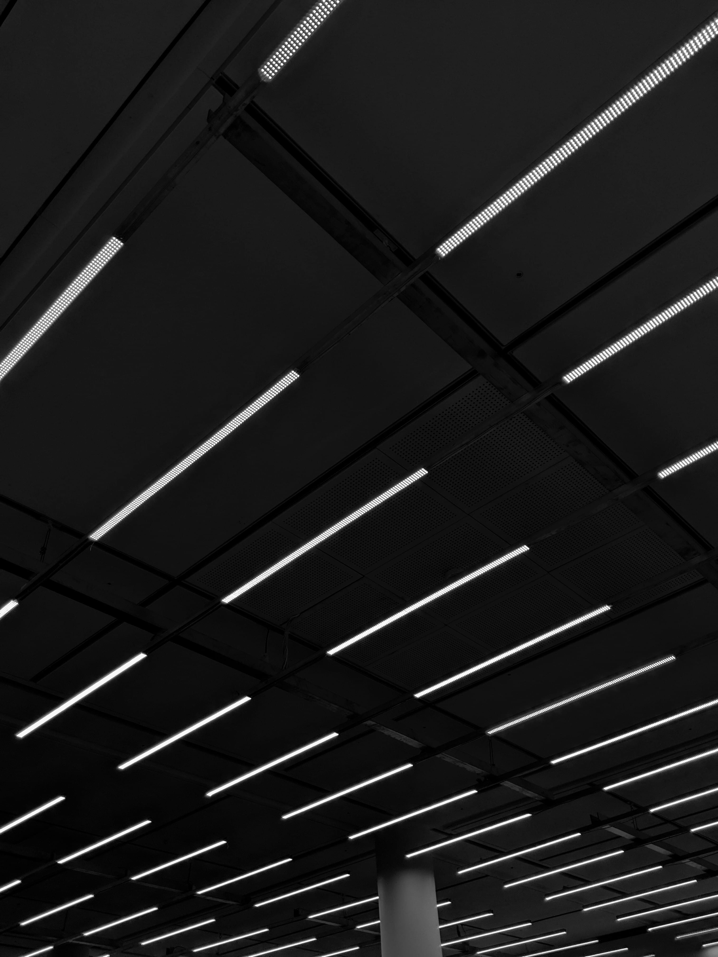 white ceiling frame, white LED lights on ceiling, pattern, repetitive