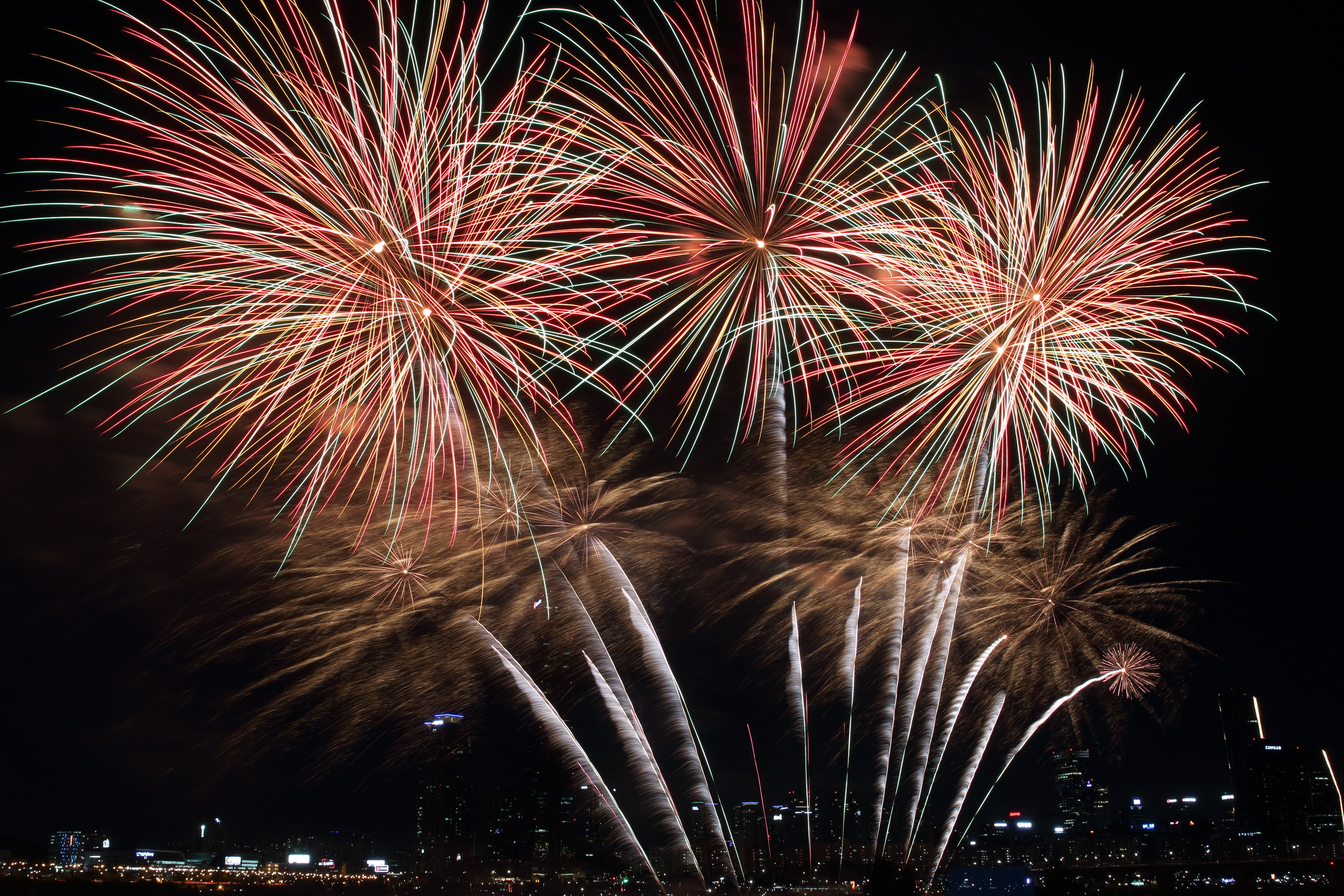 brocade fireworks aerial display at night, seoul international fireworks festival