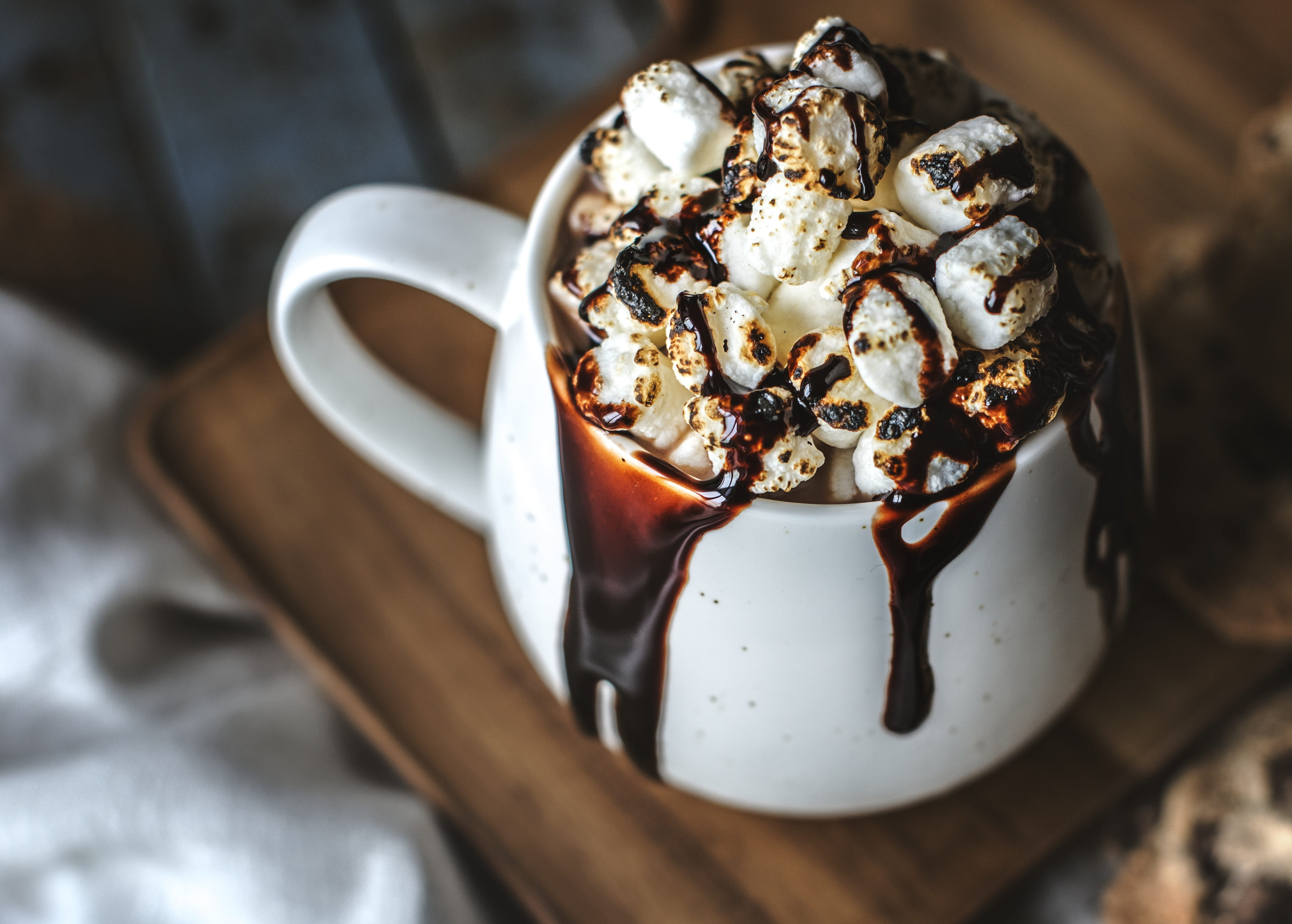 cup of marshmallow with chocolate syrup, beverage, brown, cacao