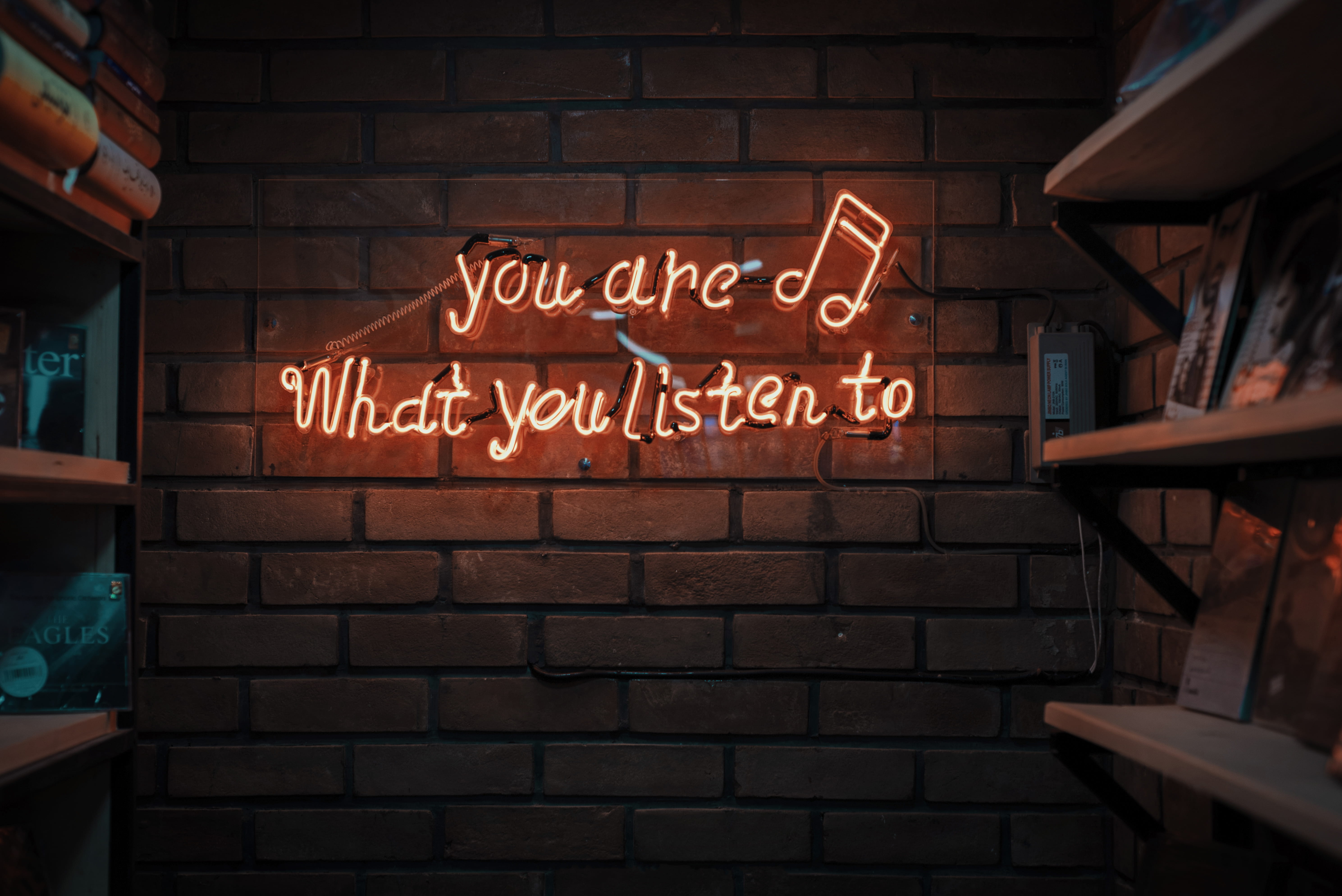 lighted red text signage, you are what you listen to neon light in between two shelves
