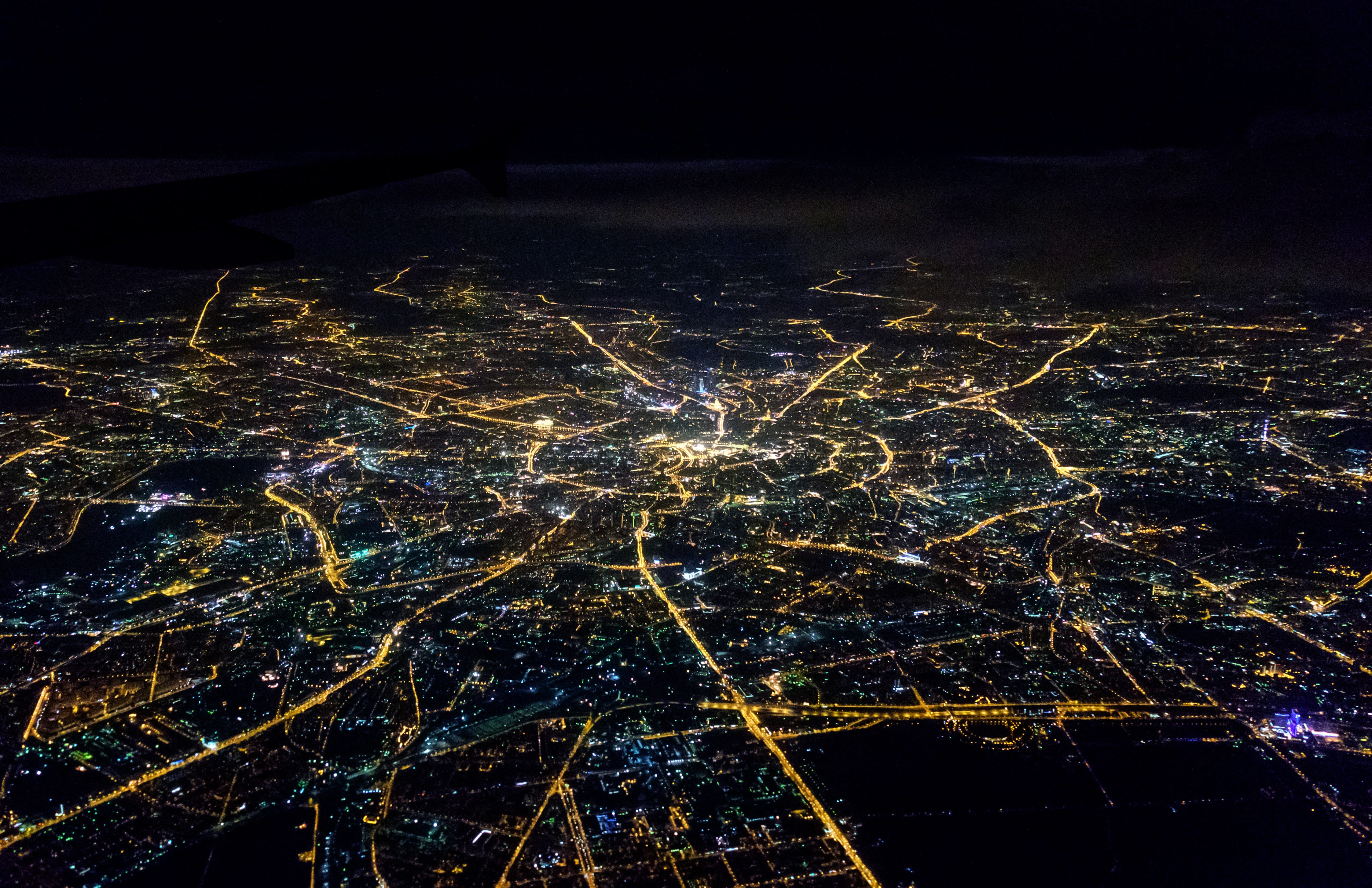 aerial view photography of city, moscow, night, map, plane, air