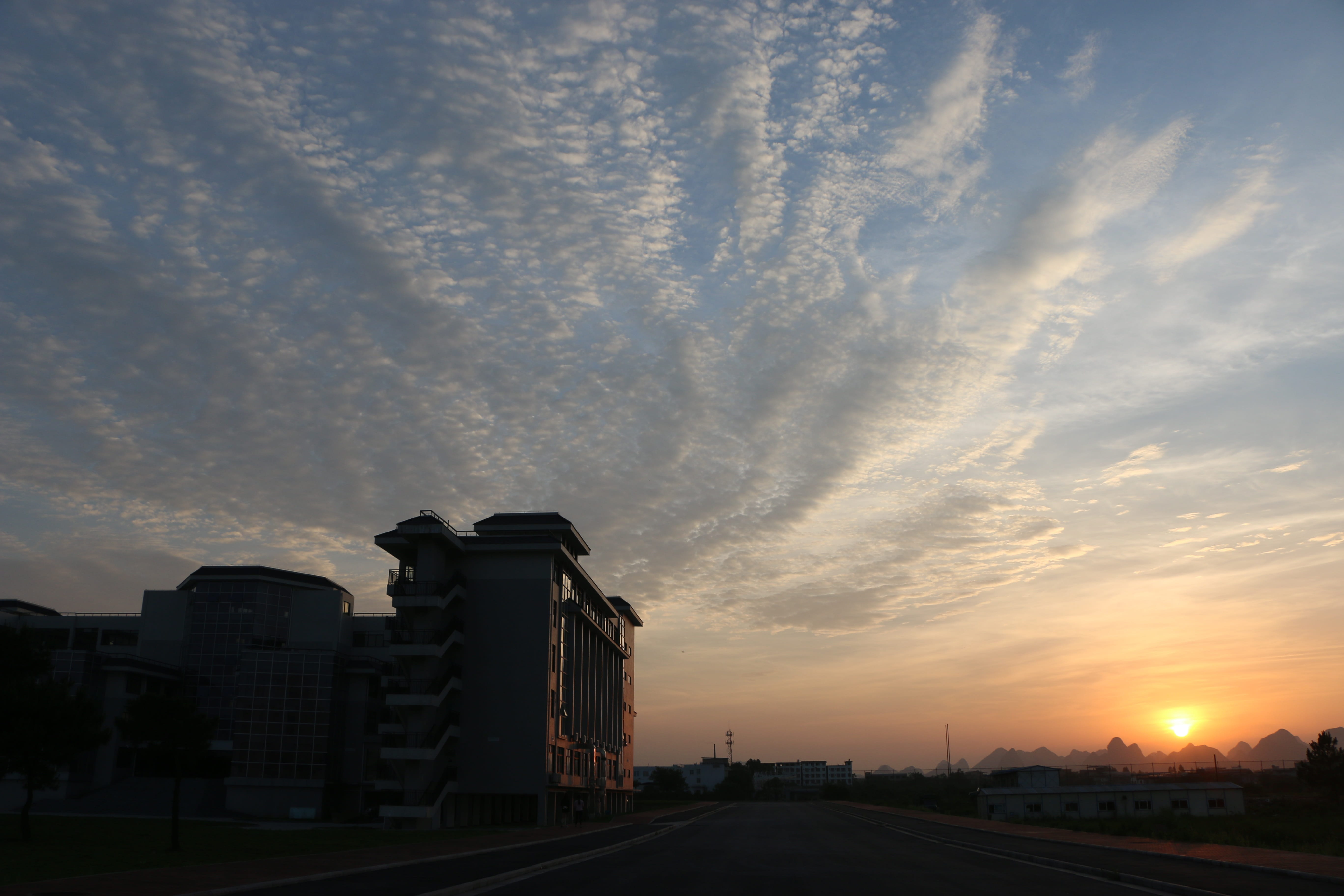 Blue Sky, White Cloud, Sunset, Road, building, cloud - sky