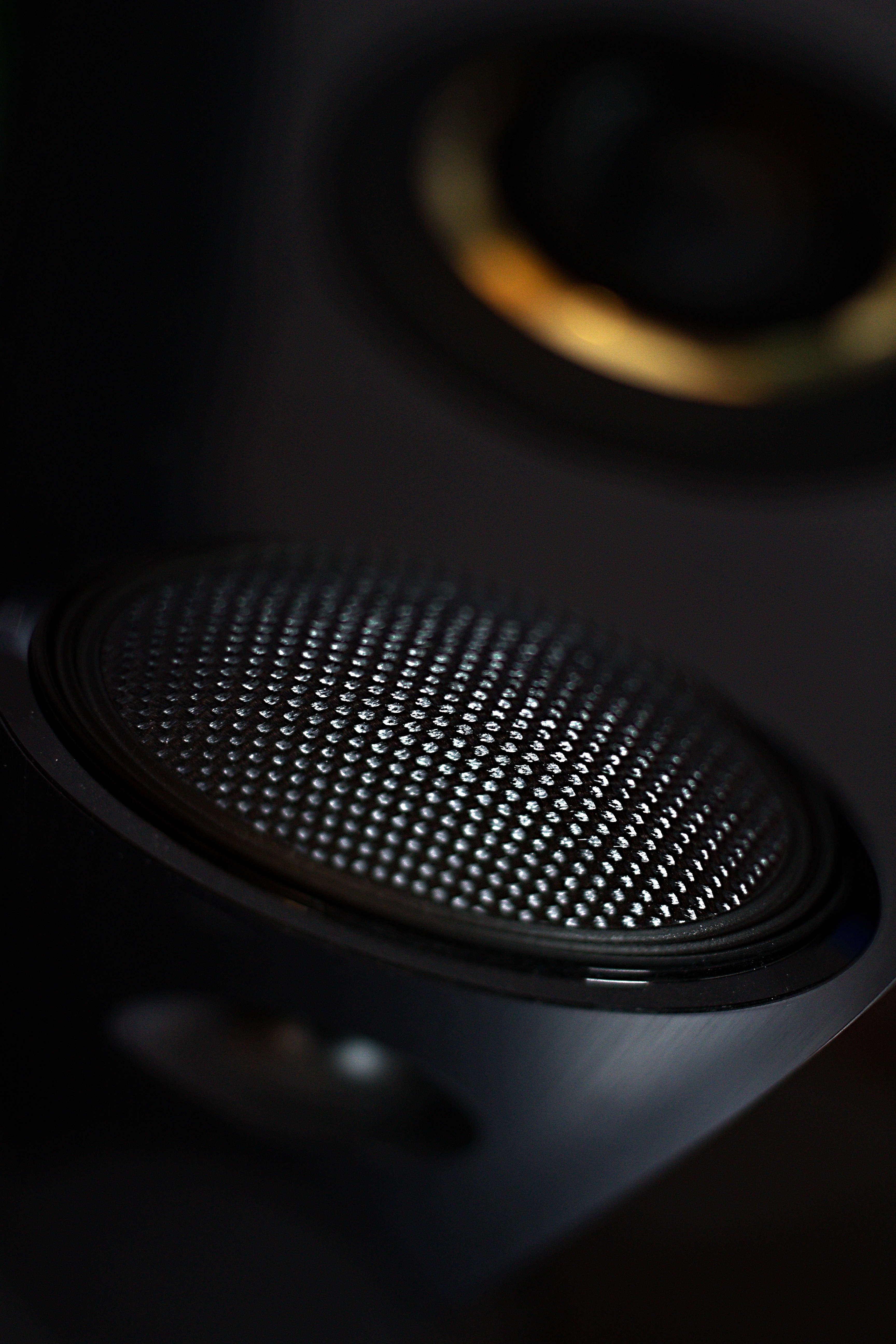 macro shot photo of black speaker, speakers, box, sound, design