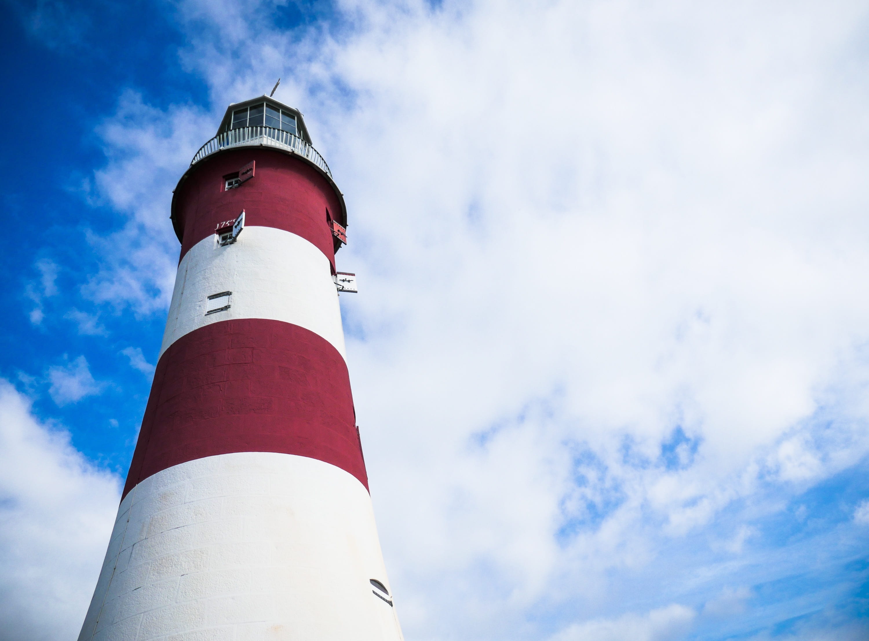 lighthouse, clouds, sky, red, white, architecture, tower, low angle view