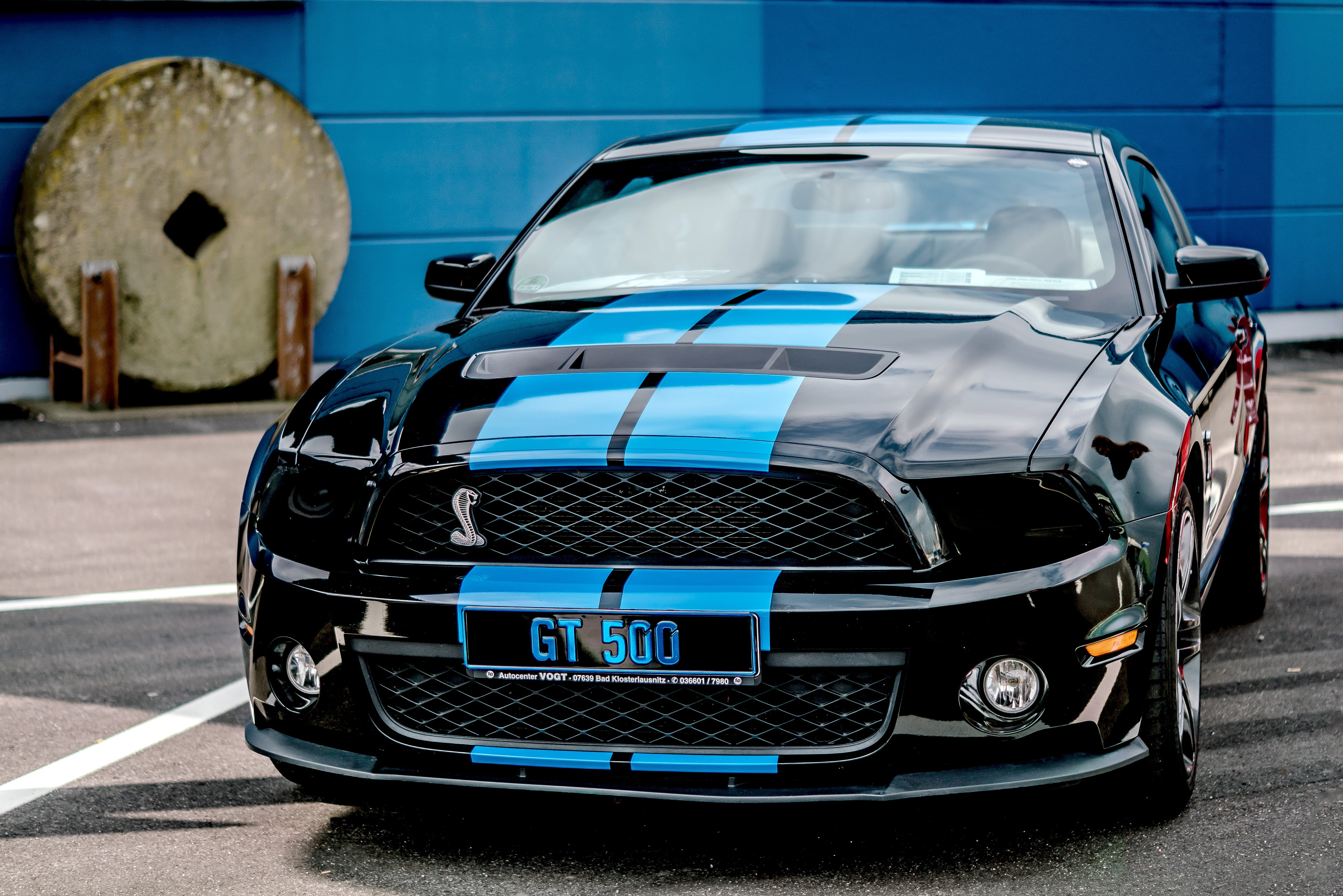 black and blue Ford Mustang GT 500 coupe on asphalt surface, auto