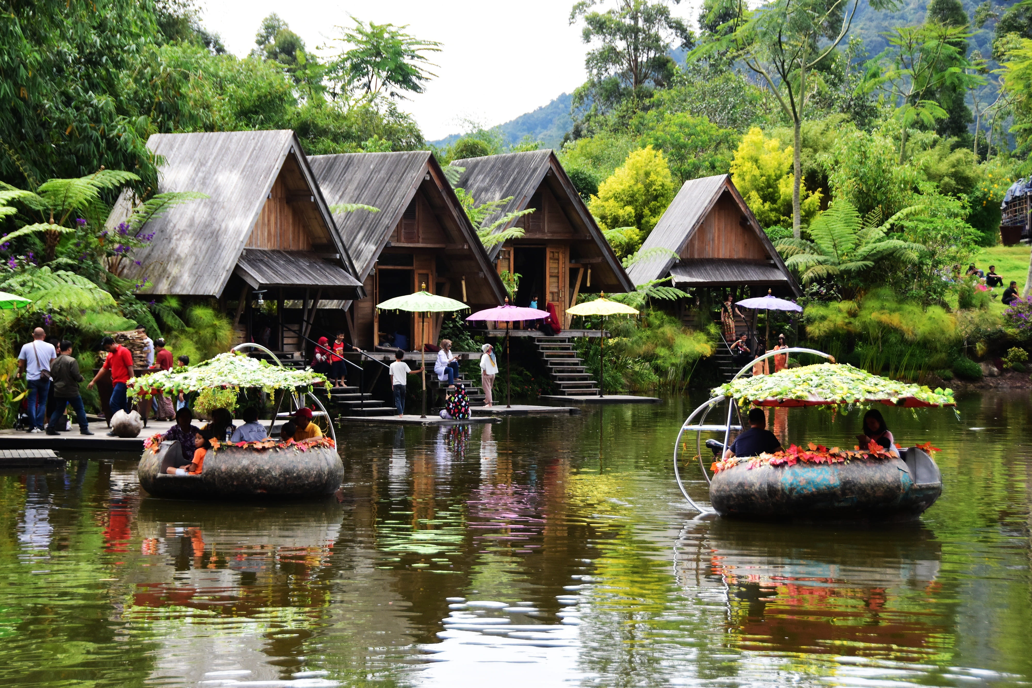 bamboo village dusun bambu, ponds, house on water, tree, built structure