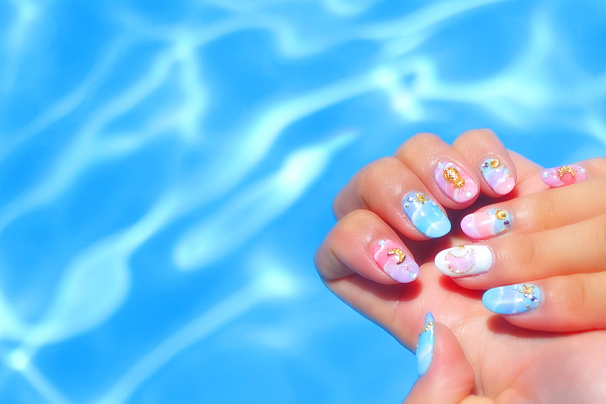 nail airt, women, water, blue, summer, beauty, females, human Hand