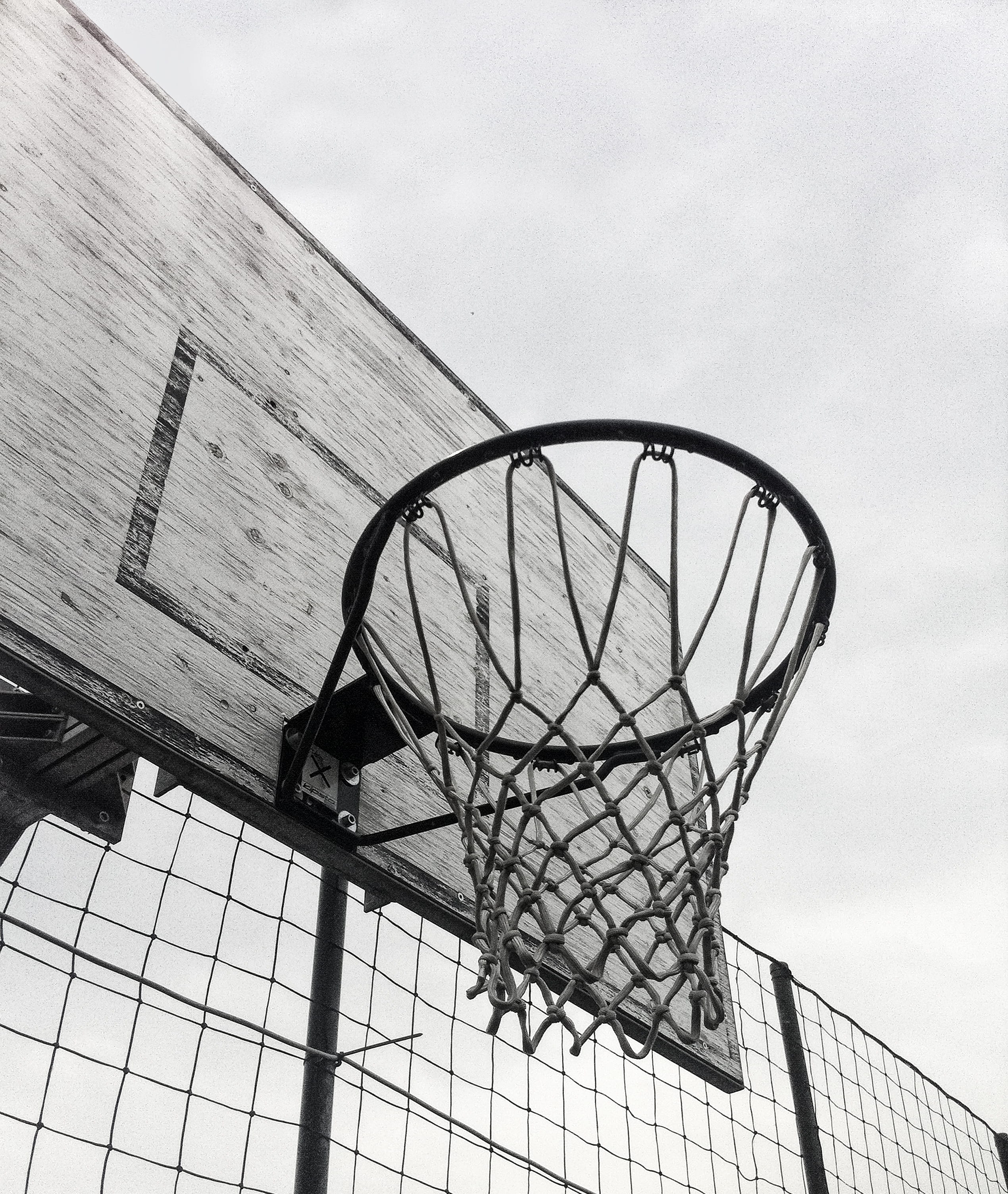 sky, clouds, high, net, Basketball Hoop, black and white, board