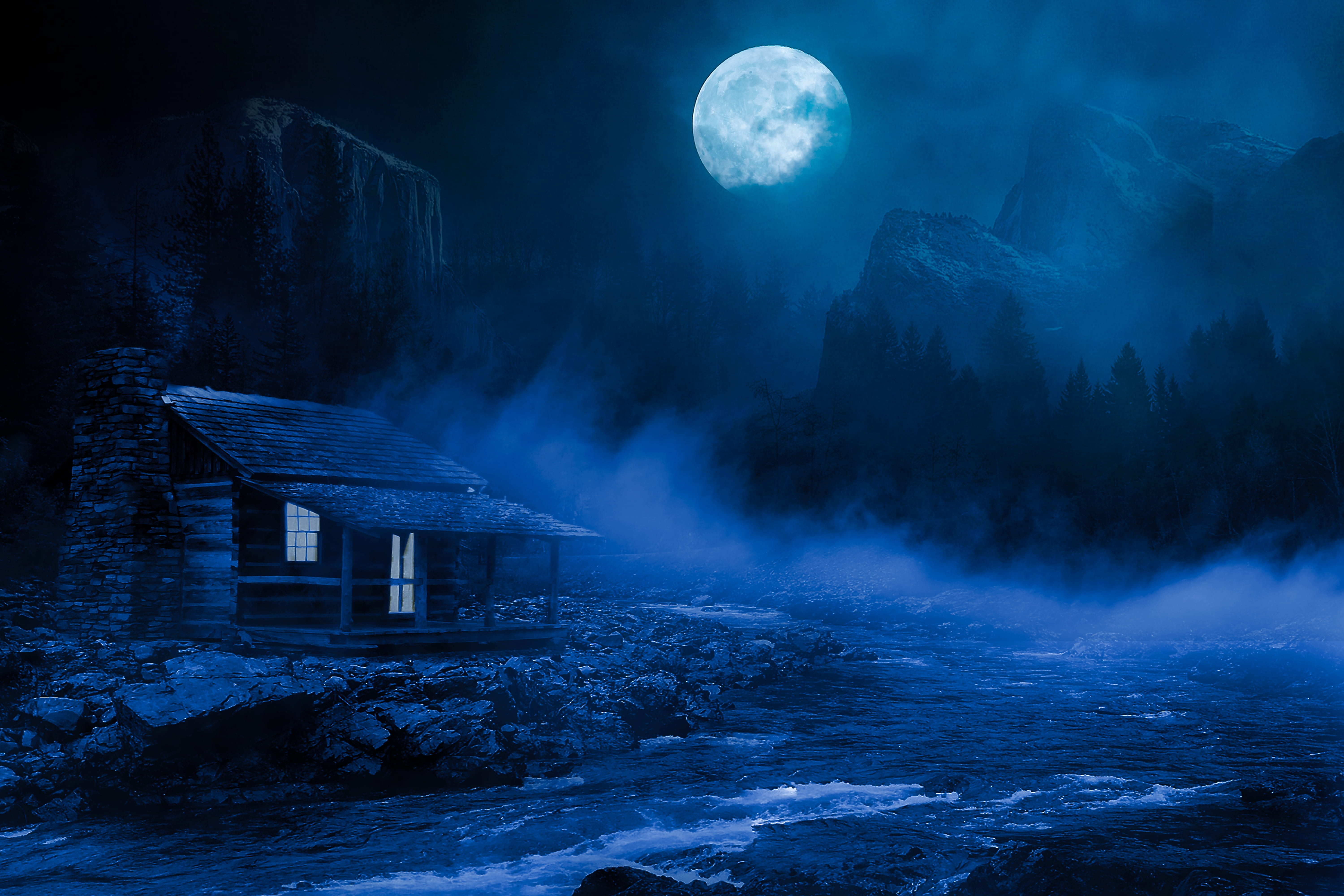 house under the moon, night, good night, home, illuminated, fog